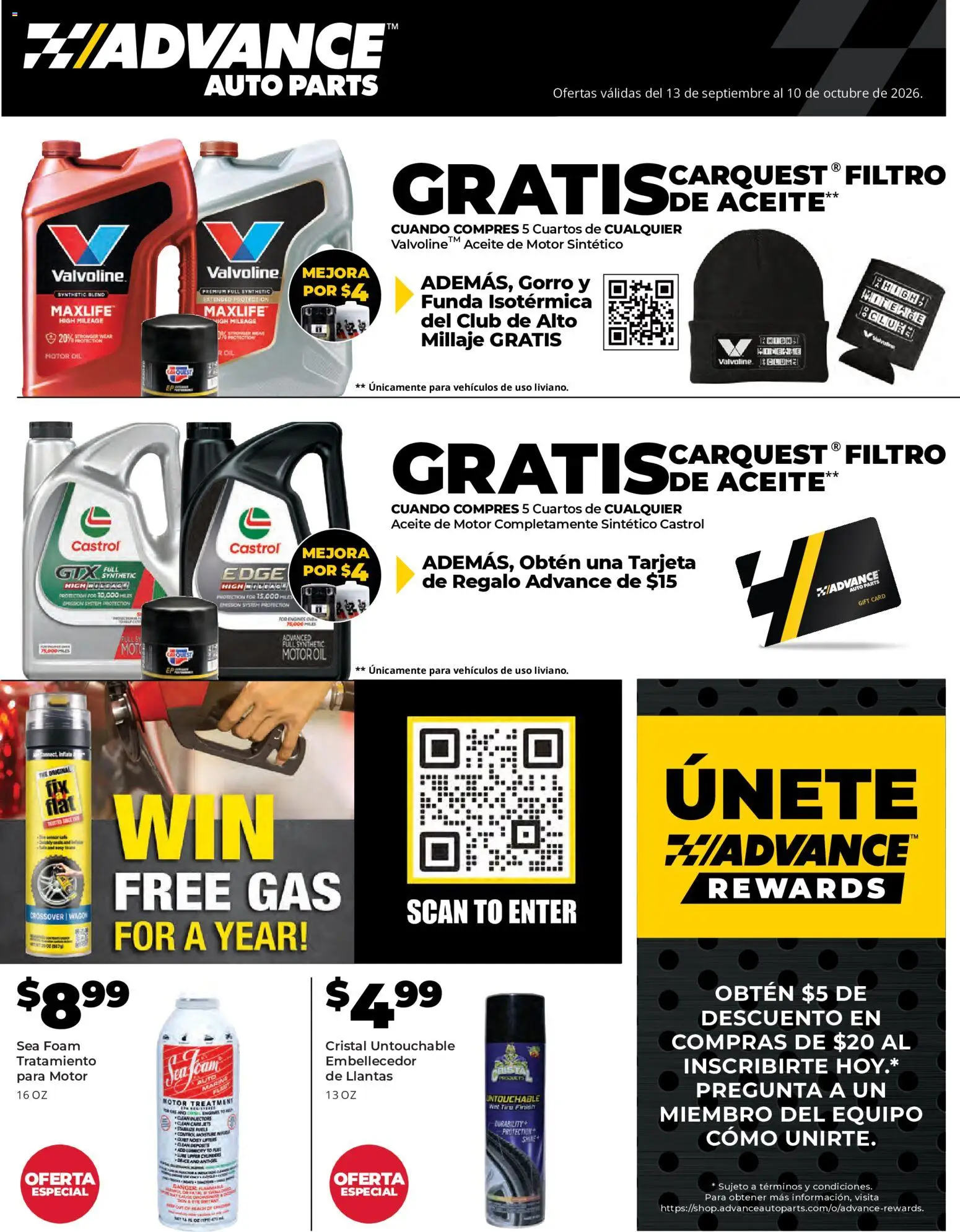 Advance Auto Parts Sales Ad - Spanish - valid from 09/13/2026 | Page: 1 | Products: Oil, Motor Oil, Foam