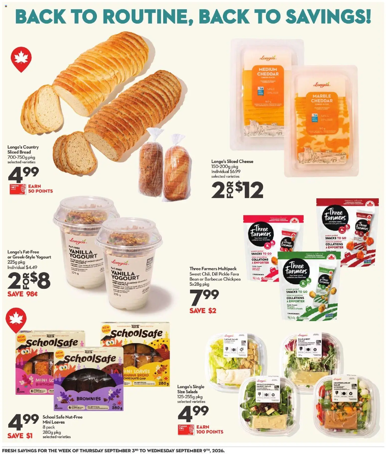 Longo's flyer valid from Sep 3, 2026 | Page: 8 | Products: Salad, Spinach, Snacks, Chocolate