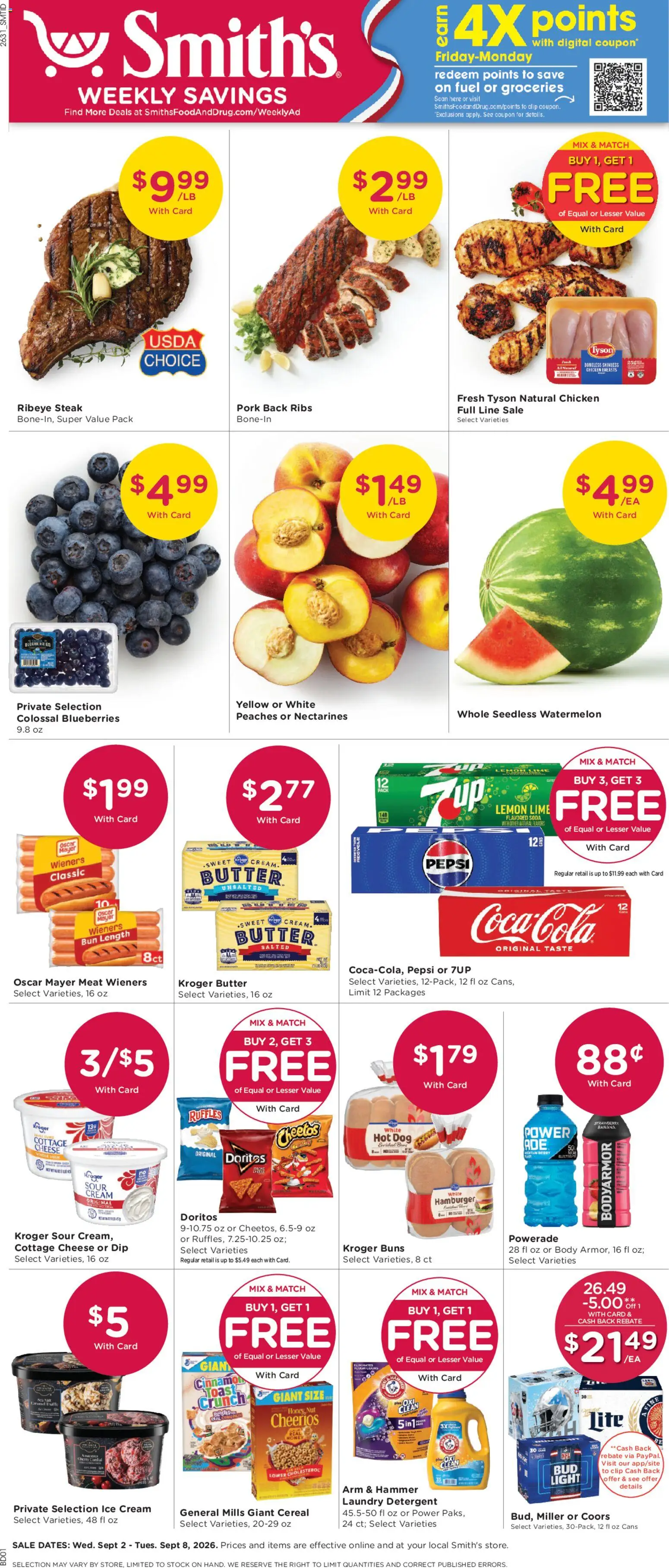 Smith's Weekly Ad - valid from 09/02/2026 | Page: 1 | Products: Peaches, Butter, Detergent, Cream