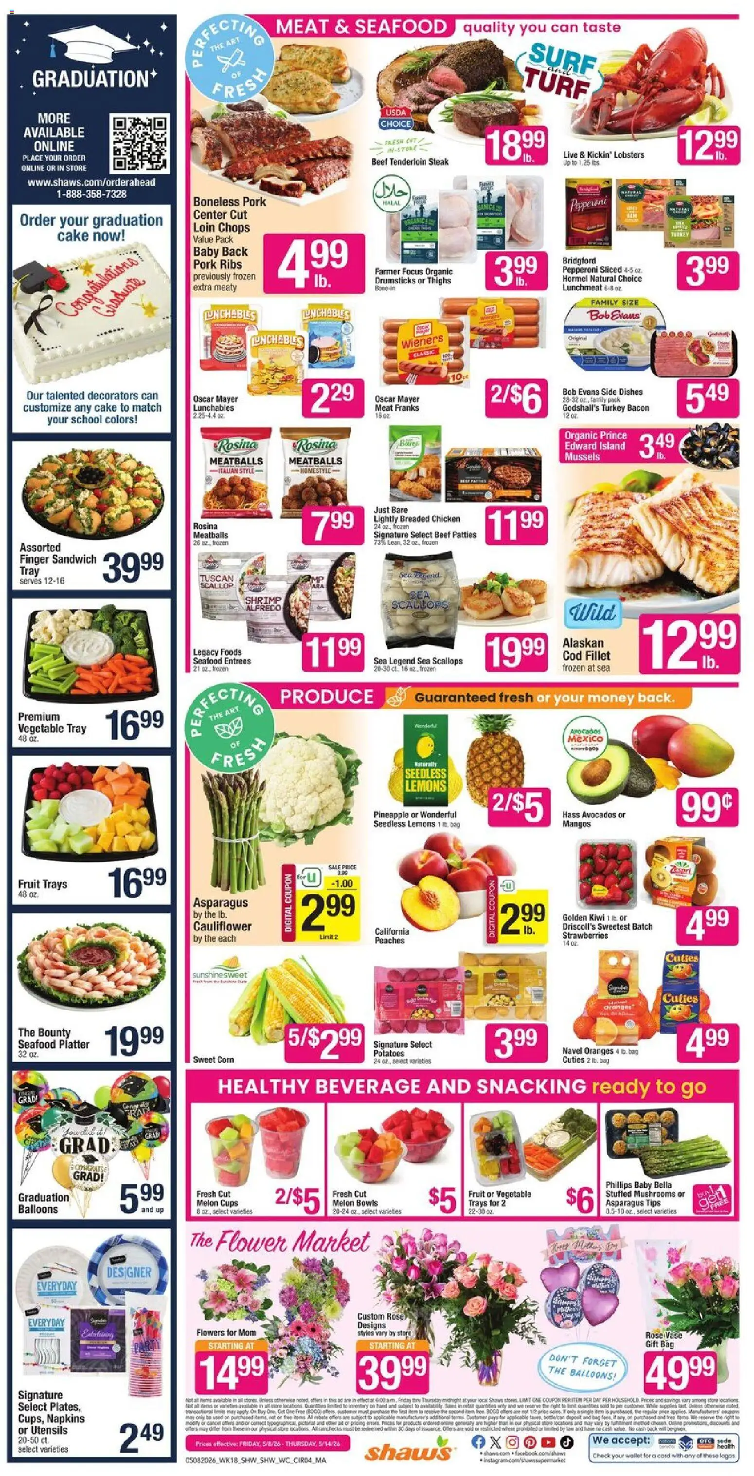 Shaw's Weekly Ad - MA - valid from 08.05.2026 | Page: 5 | Products: Peaches, Mushrooms, Pineapple, Seafood
