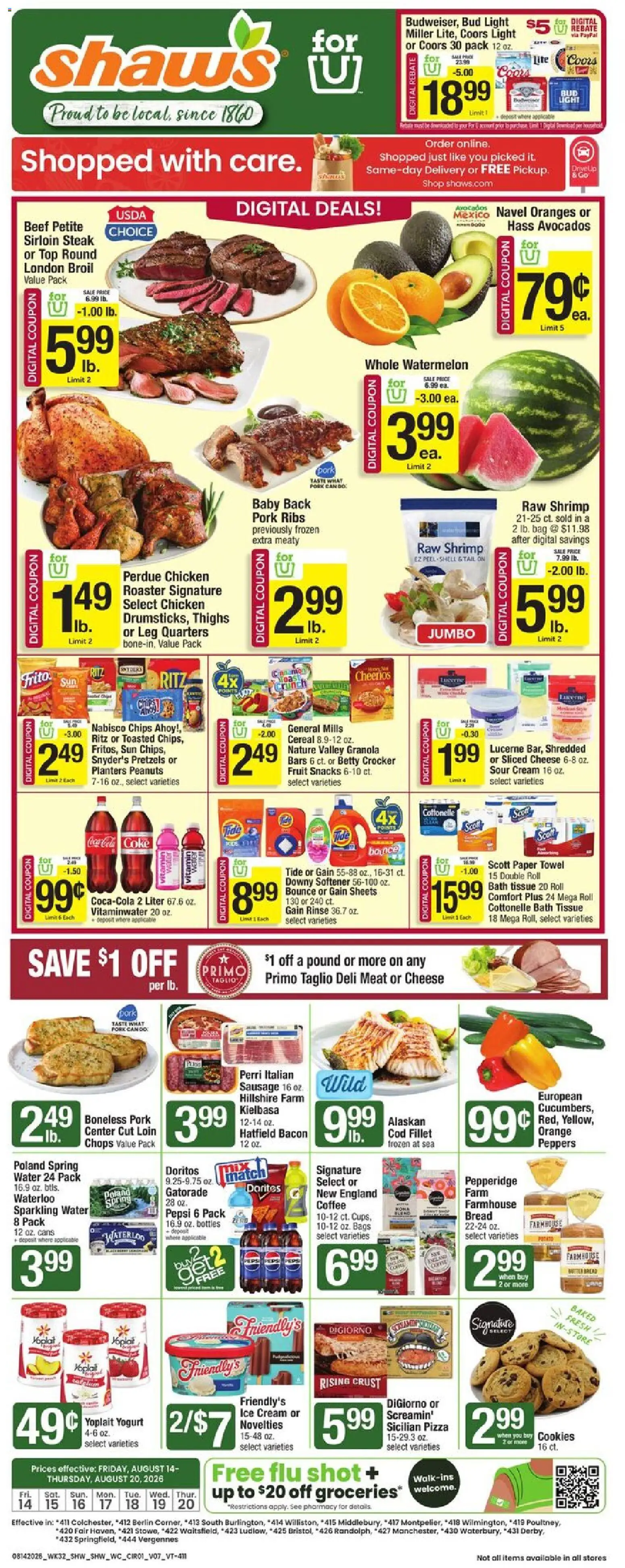 Shaw's Weekly Ad - VT - valid from 08/14/2026 | Page: 1 | Products: Spring water, Ice cream, Ice, Snacks