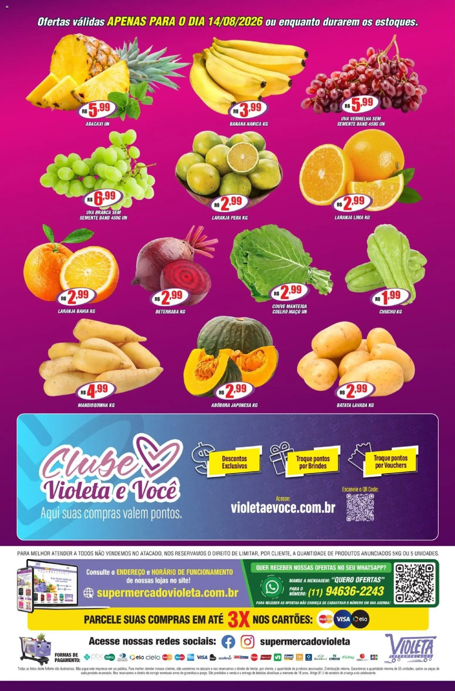 Violeta Supermercados Folheto - válido de 14/08/2026 | Página: 4 | Produtos: Pera, Uva, Coelho, Batata