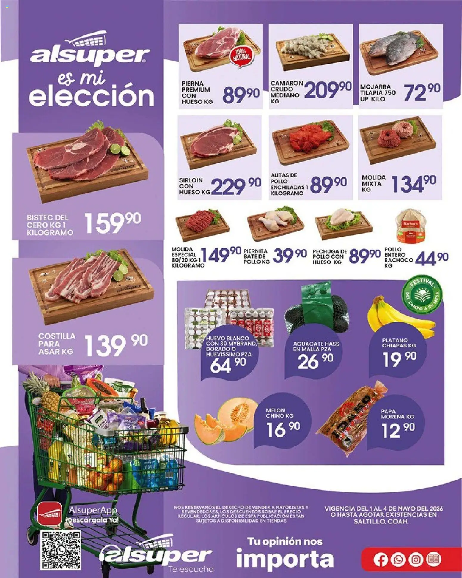 Nuevas ofertas de Alsuper válidas en toda la República Mexicana desde el 01.05.2026. ¡Encuentra las mejores ofertas en Alsuper folleto Saltillo! | Página: 1 | Productos: Pollo, Plátano, Papa, Huevo