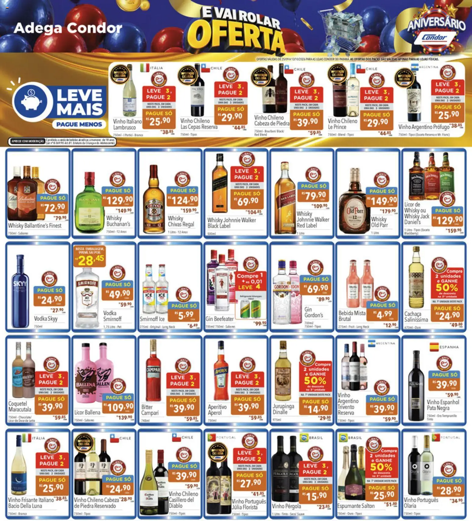 Supermercados Condor Folheto - válido de 25/09/2026 | Página: 21 | Produtos: Cachaça, Licor, Ballantine’s, Gin