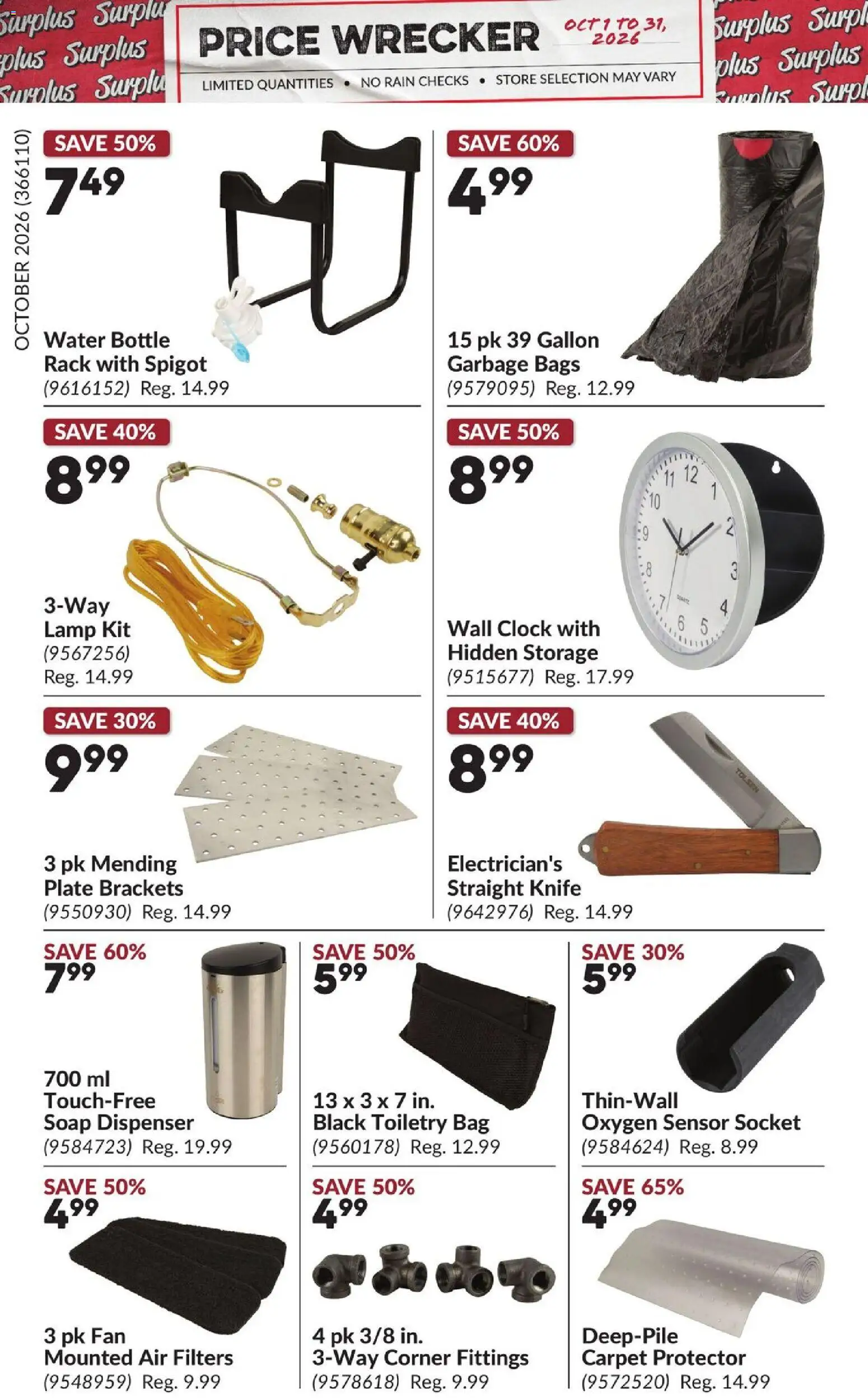 Princess Auto flyer valid from Oct 1, 2026 | Page: 22 | Products: Wall clock, Soap, Socket, Lamp