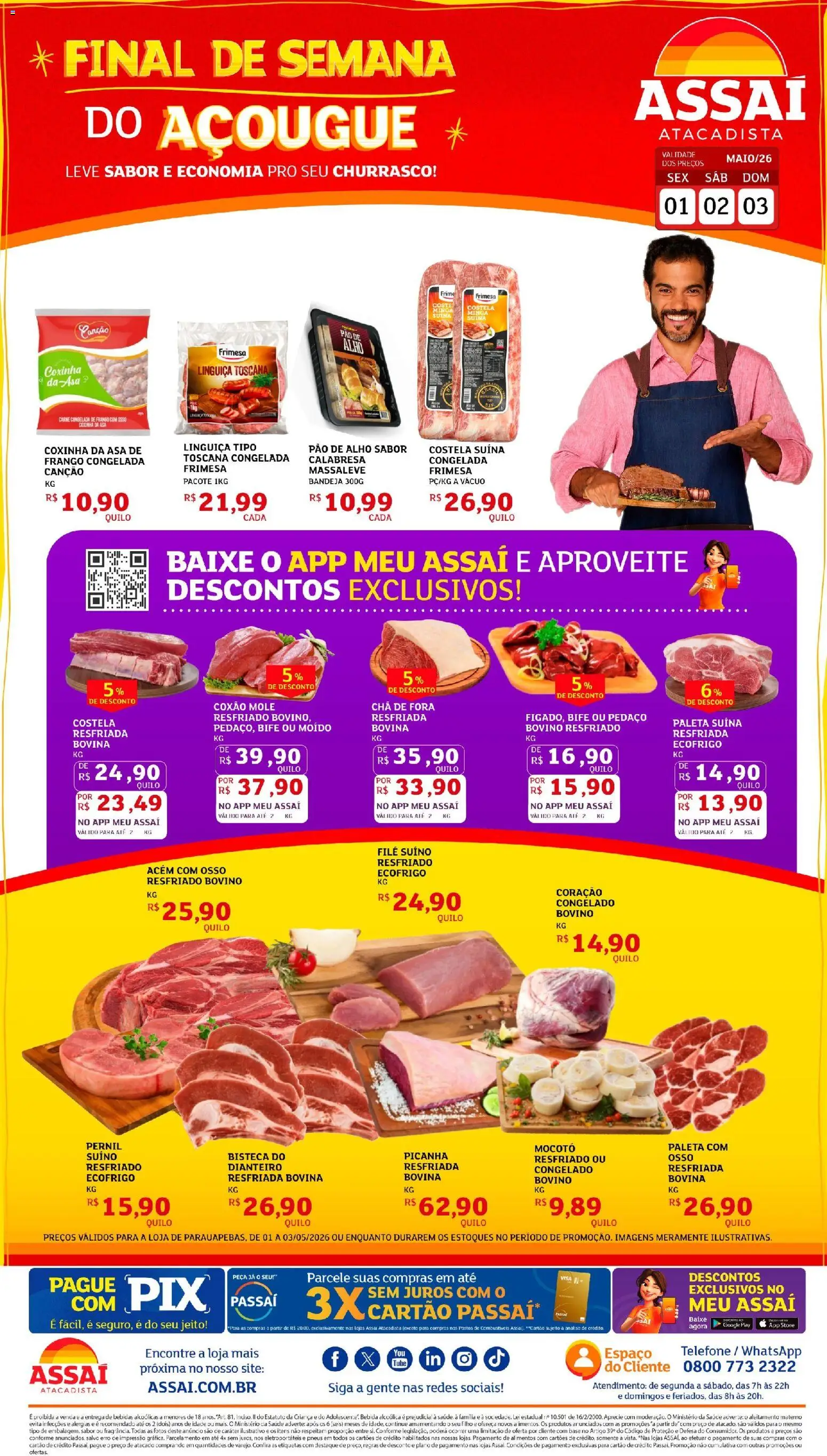 Assaí Atacadista Folheto - válido de 01.05.2026 | Página: 1 | Produtos: Acém, Picanha, Pneus, Chá