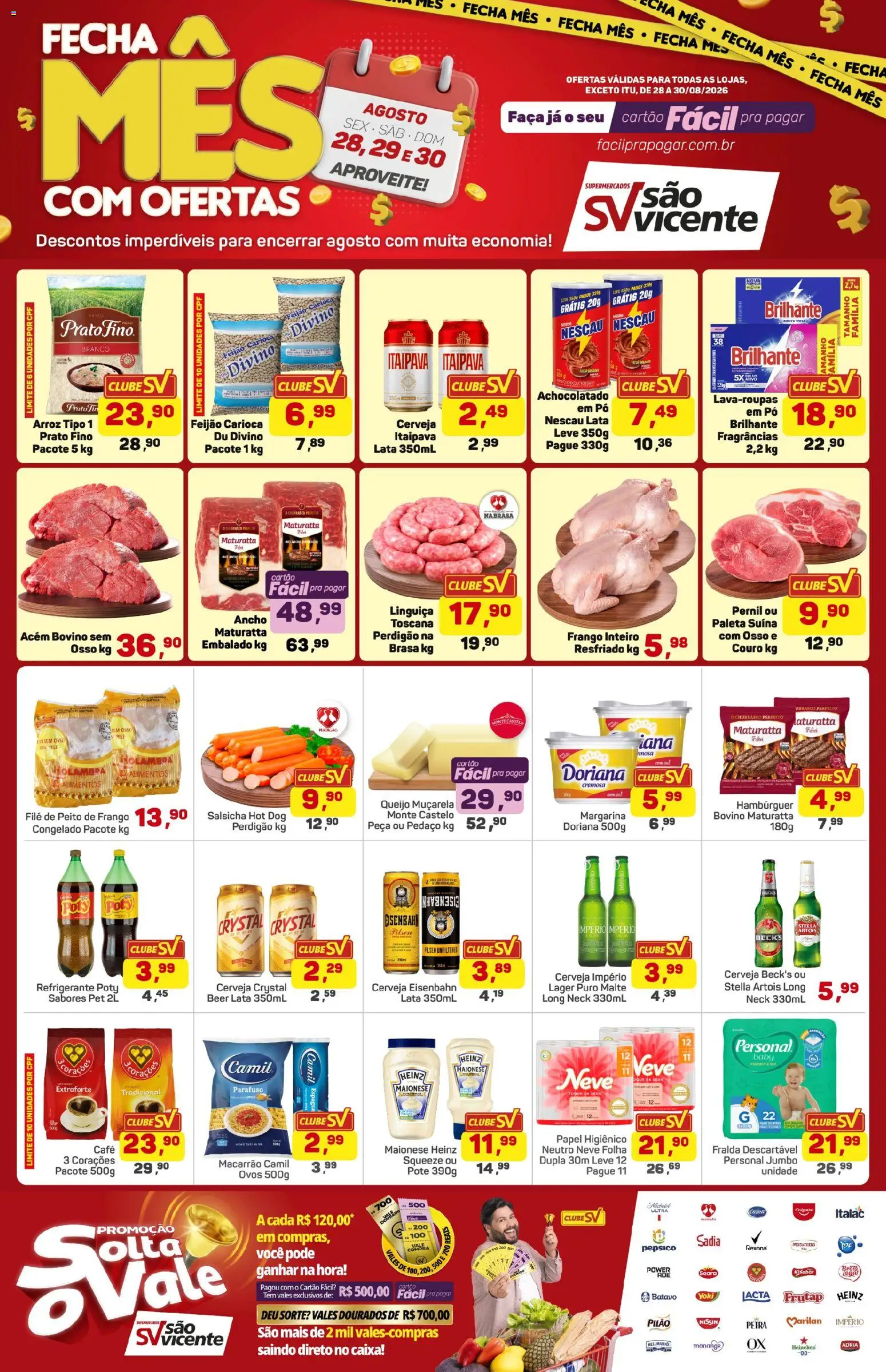 Supermercados São Vicente Folheto - válido de 28/08/2026 | Página: 1 | Produtos: Queijo muçarela, Acém, Frango, Margarina