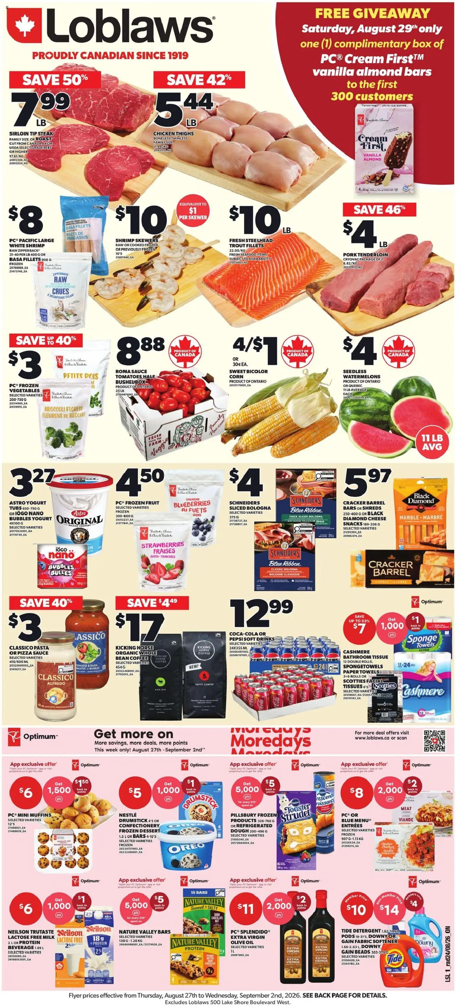Loblaws flyer valid from Aug 27, 2026 | Page: 1 | Products: Sponge, Olive oil, Butter, Tomatoes
