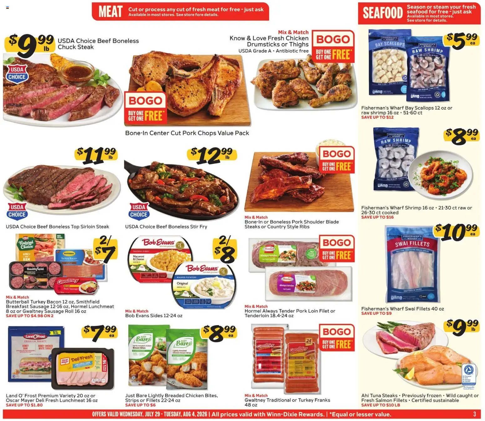 Winn Dixie Weekly Ad - valid from 07/29/2026 | Page: 3 | Products: Cheese, Ham, Seafood, Sausage
