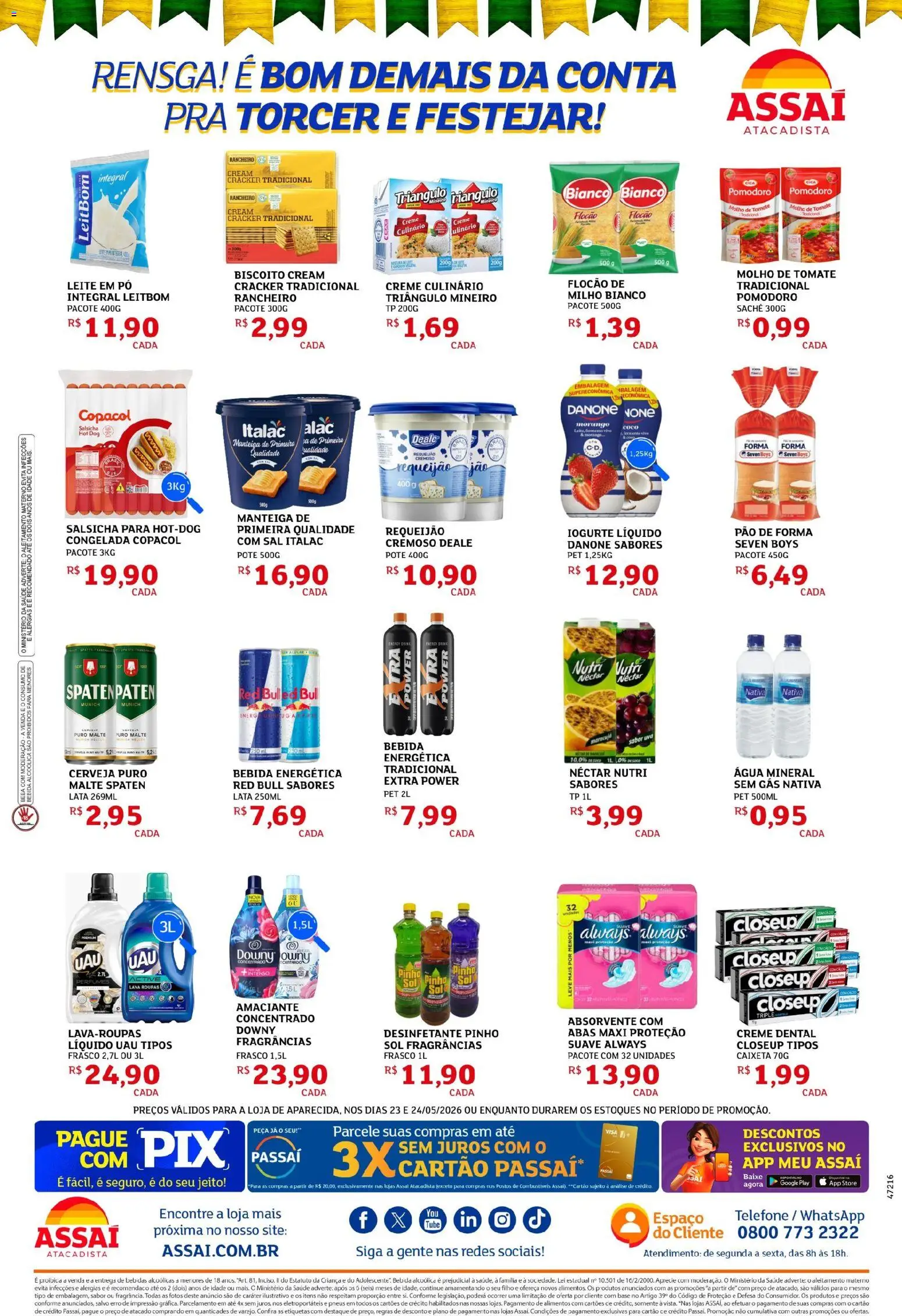 Assaí Atacadista Folheto - válido de 23.05.2026 | Página: 2 | Produtos: Salsicha, Leite, Roupas, Desinfetante