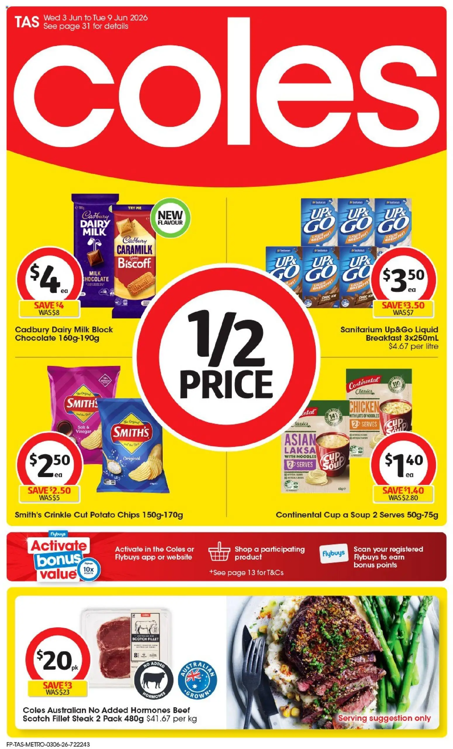 Coles catalogue - valid from 03.06.2026 | Page: 1 | Products: Chocolate, Steak, Soup, Scotch