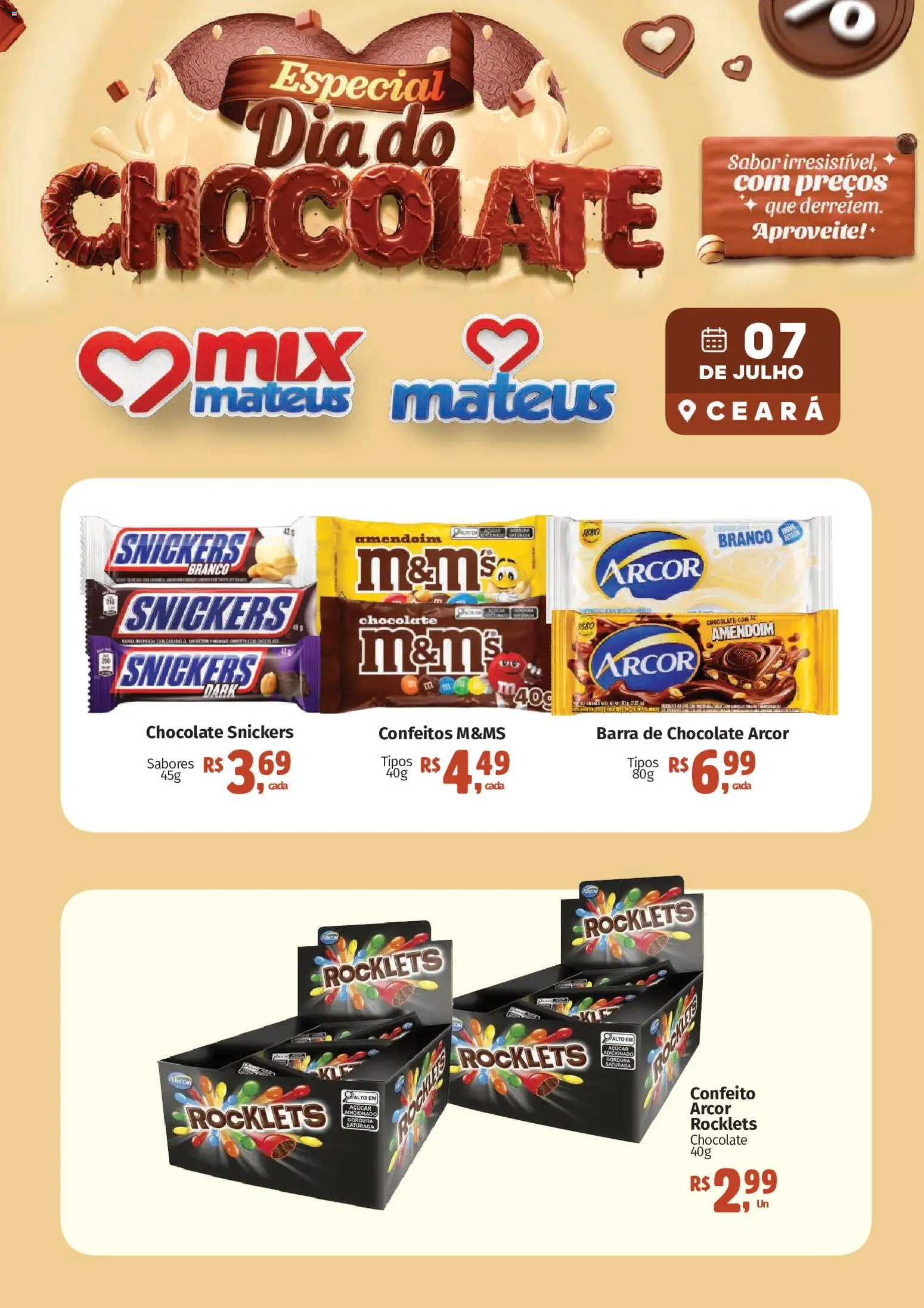 Mateus Folheto - válido de 07/07/2026 | Página: 1 | Produtos: Amendoim, Chocolate, Barra de chocolate, Açúcar