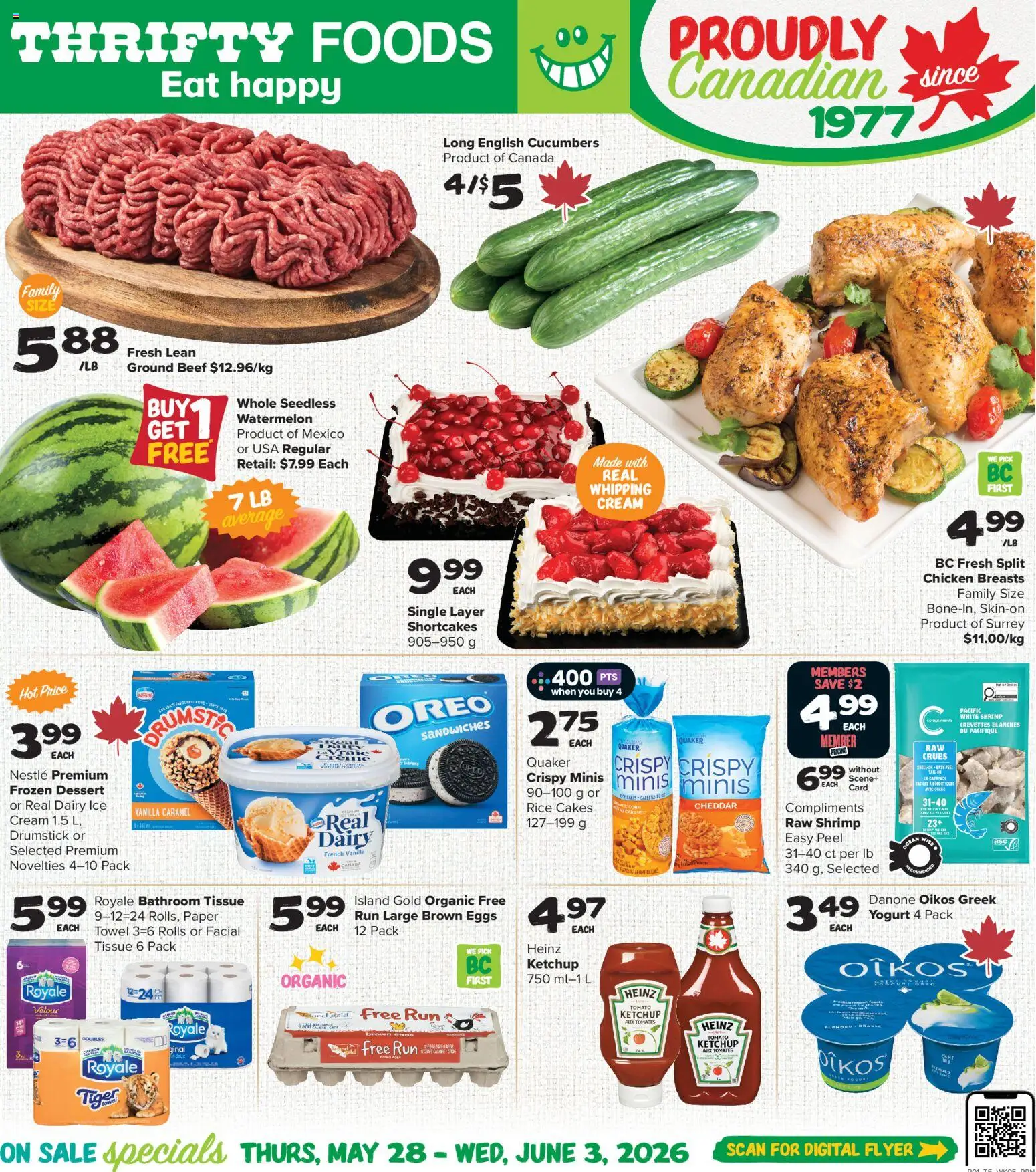 Thrifty Foods flyer valid from 28.05.2026 | Page: 1 | Products: Beef, Cucumbers, Chicken breasts, Eggs