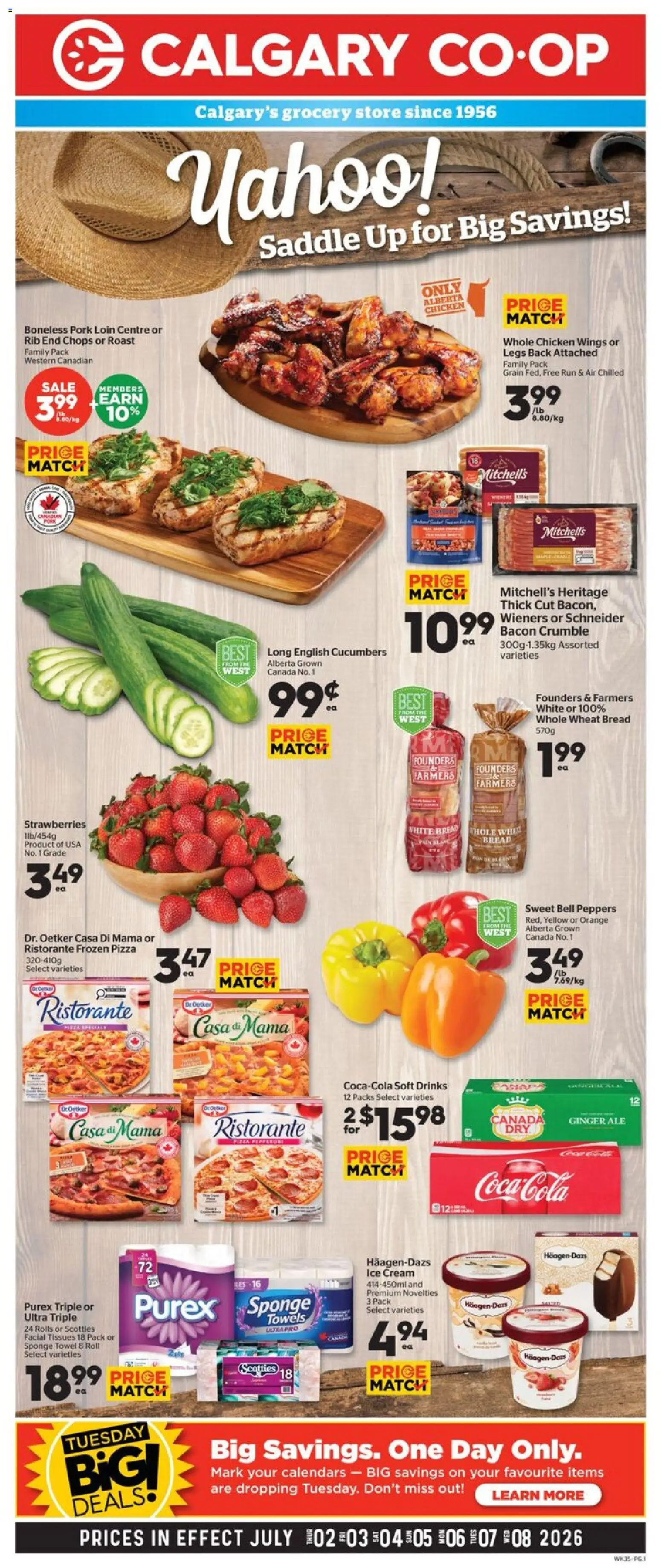 Calgary Co-op flyer valid from Jul 2, 2026 | Page: 1 | Products: Strawberries, Cream, Cucumbers, Ice cream