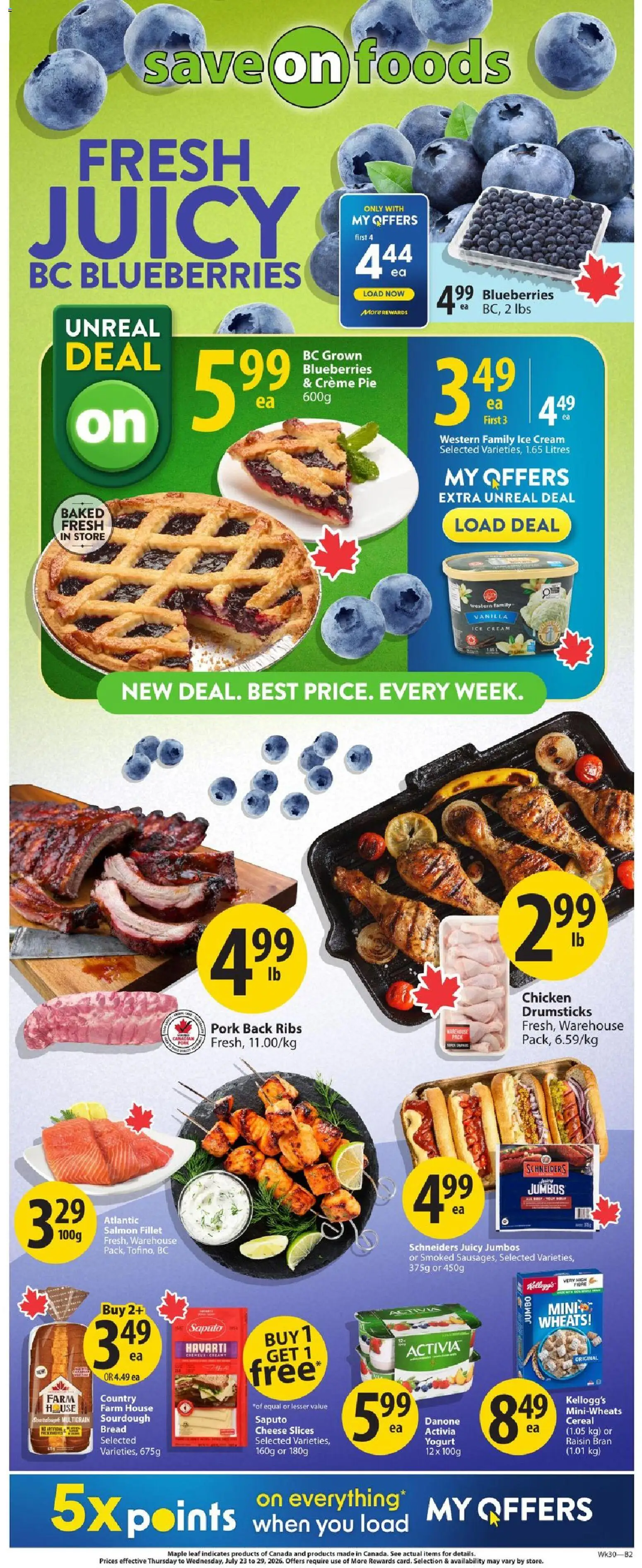 Save on foods flyer valid from Jul 23, 2026 | Page: 1 | Products: Ice cream, Yogurt, Chicken, Pork