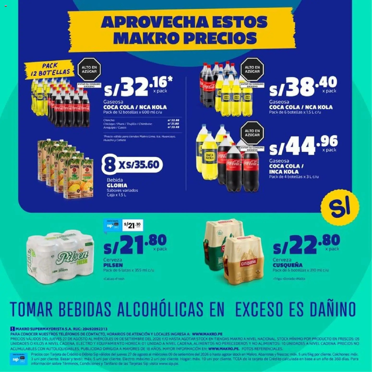 Catálogo Makro válido desde 27/08/2026 | Página: 28 | Productos: Bebidas, Caja, Cerveza, Azúcar