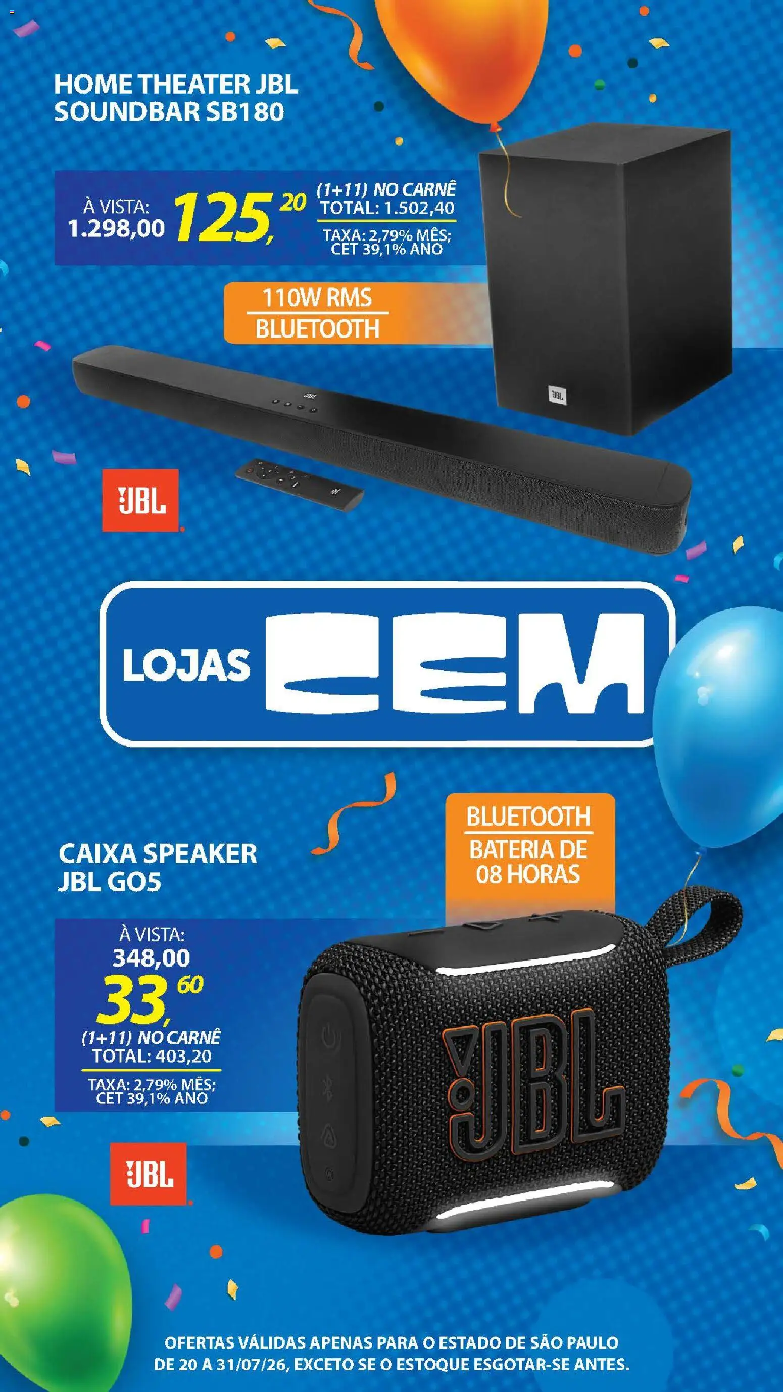 Lojas Cem Folheto - válido de 20/07/2026 | Página: 66 | Produtos: Soundbar, Caixa, Bateria, Carne