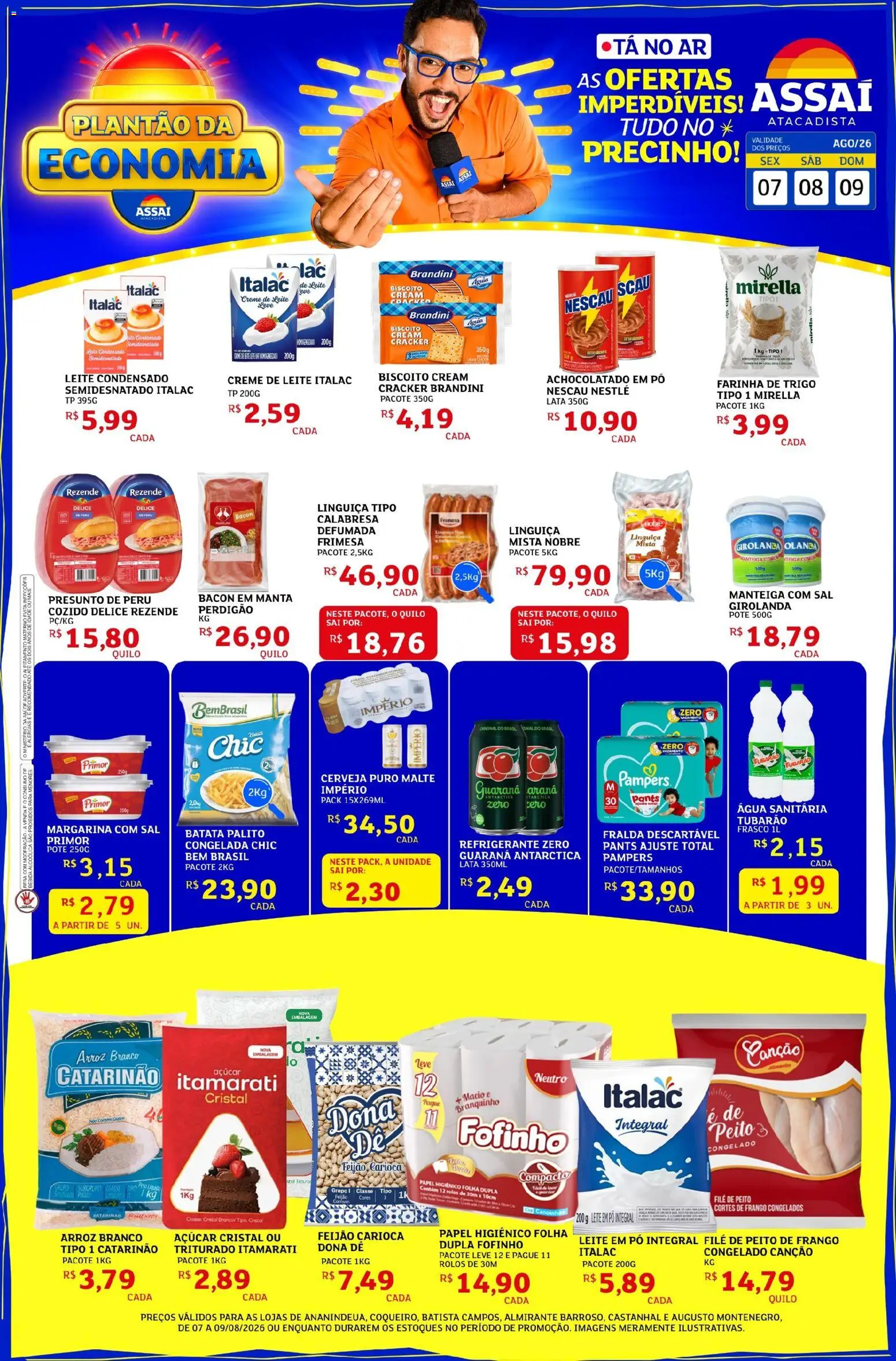 Assaí Atacadista Folheto - válido de 07/08/2026 | Página: 1 | Produtos: Linguiça, Bacon, Papel higiênico, Açúcar cristal