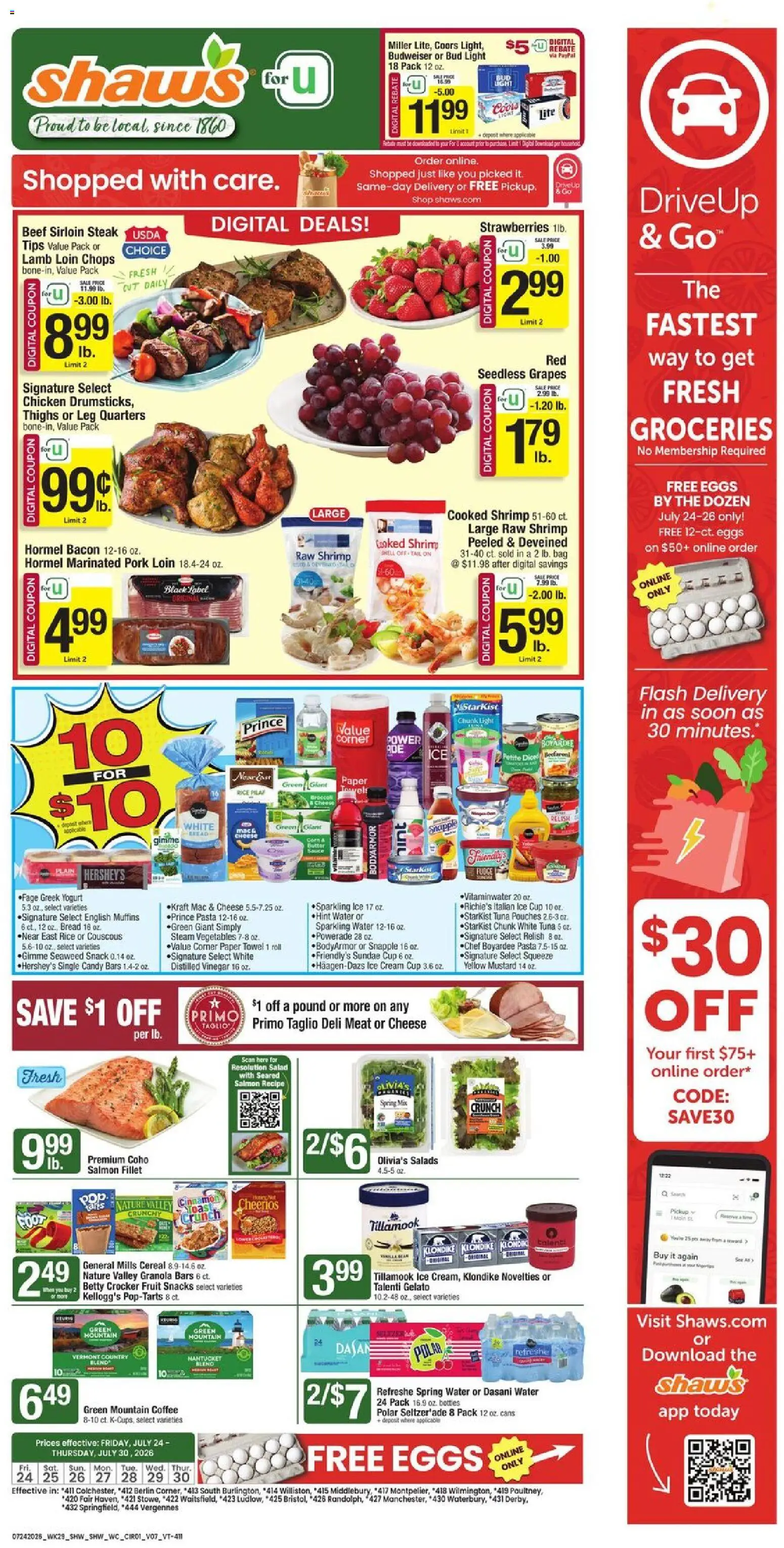 Shaw's Weekly Ad - VT - valid from 07/24/2026 | Page: 1 | Products: Vinegar, Cheese, Cream, Ice cream