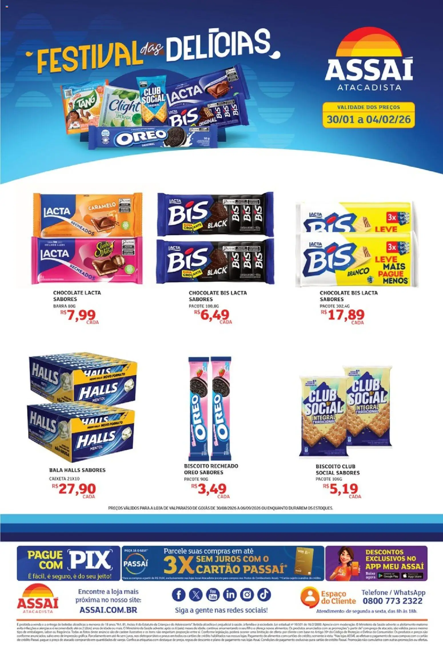 Assaí Atacadista Folheto - válido de 30/08/2026 | Página: 1 | Produtos: Biscoito, Chocolate, Telefone, Bala