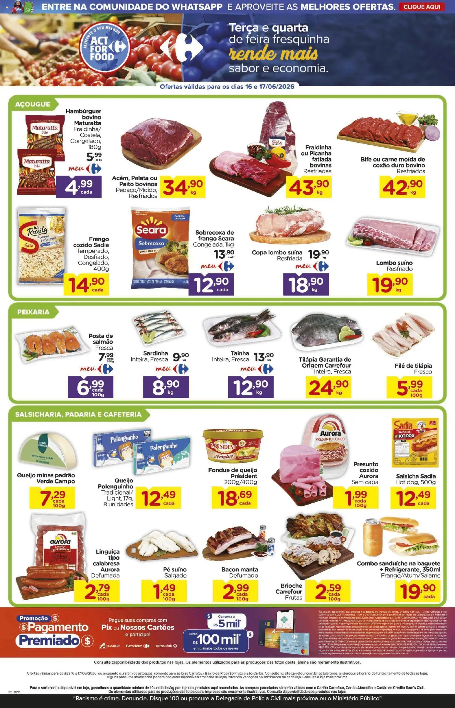 Carrefour Bairro Folheto - válido de 16.06.2026 | Página: 2 | Produtos: Salsicha, Lombo, Presunto, Hambúrguer