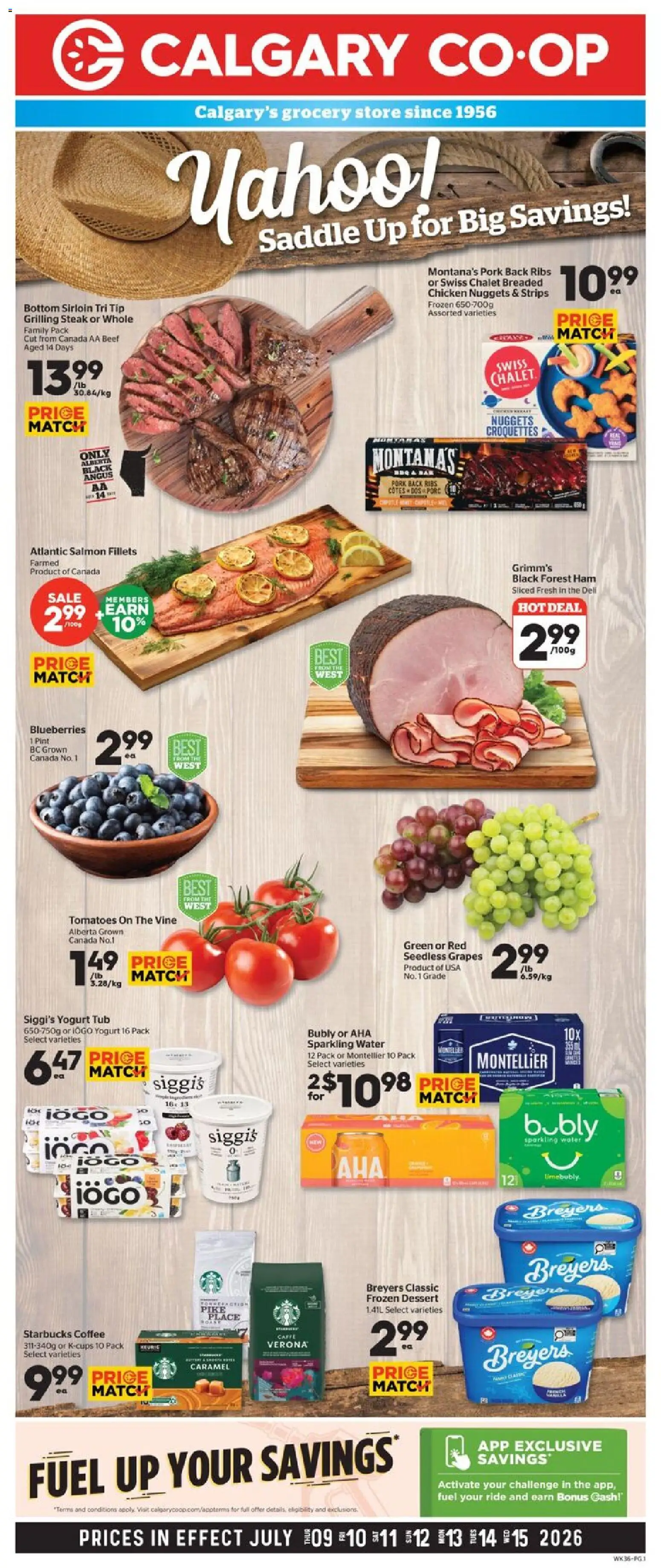 Calgary Co-op flyer valid from Jul 9, 2026 | Page: 1 | Products: Beef, Yogurt, Ham, Tomatoes