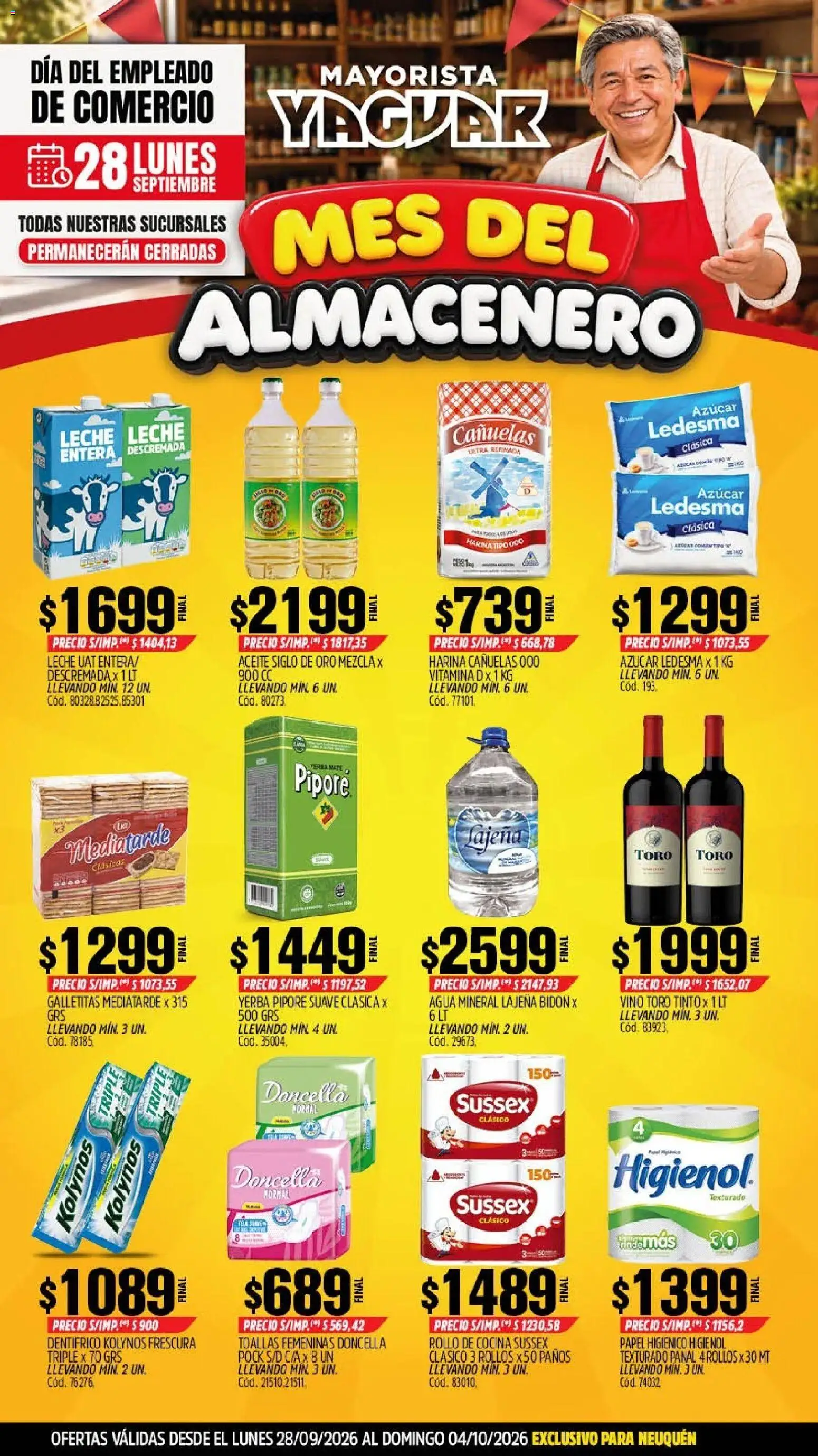 Yaguar - Oferta Semanal Neuquen │ válido desde el 28/09/2026 | Página: 1 | Productos: Azucar, Agua, Leche, Vino