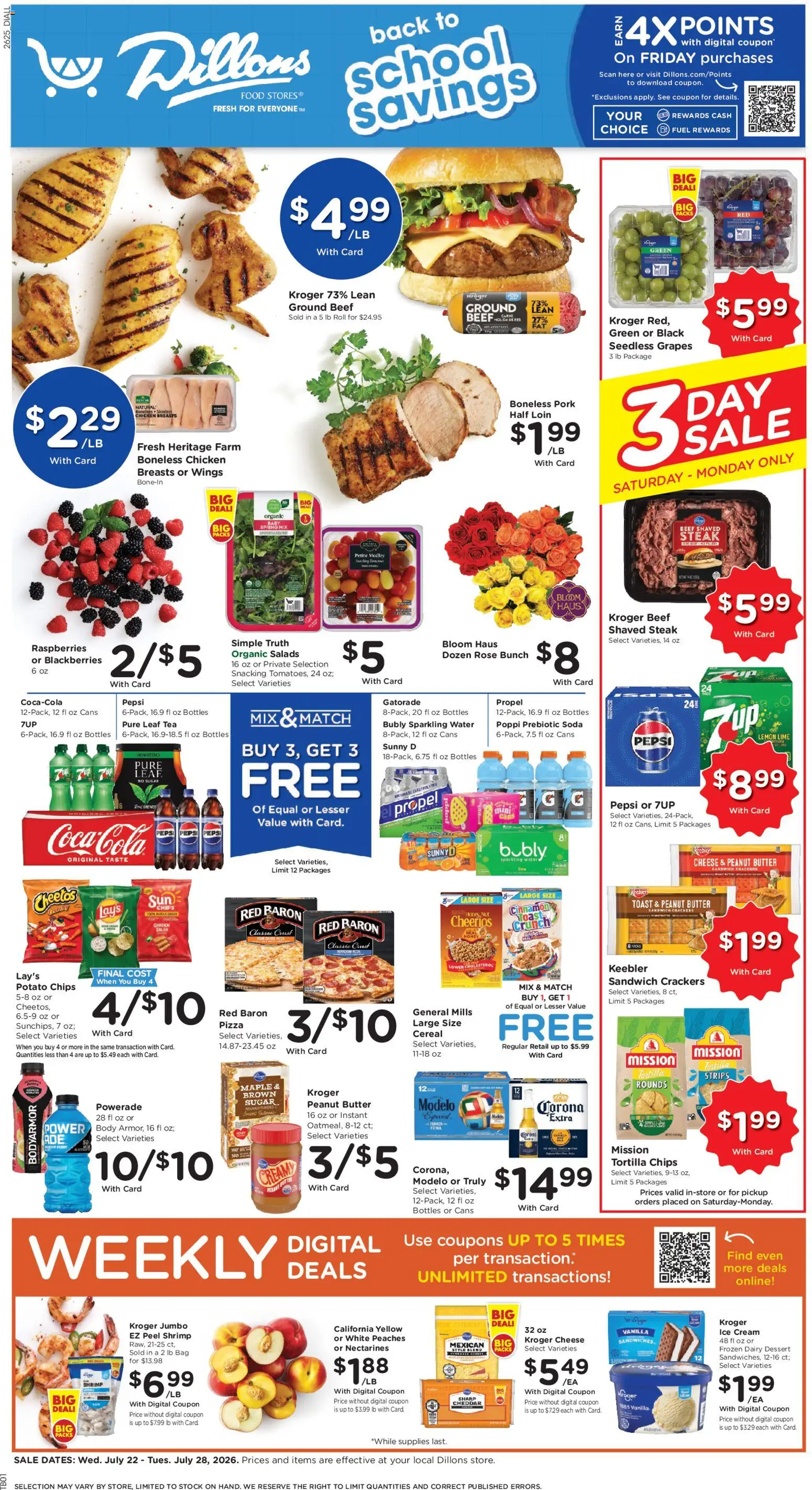 Dillons Weekly Ad - valid from 07/22/2026 | Page: 1 | Products: Peaches, Cheese, Chips, Bag