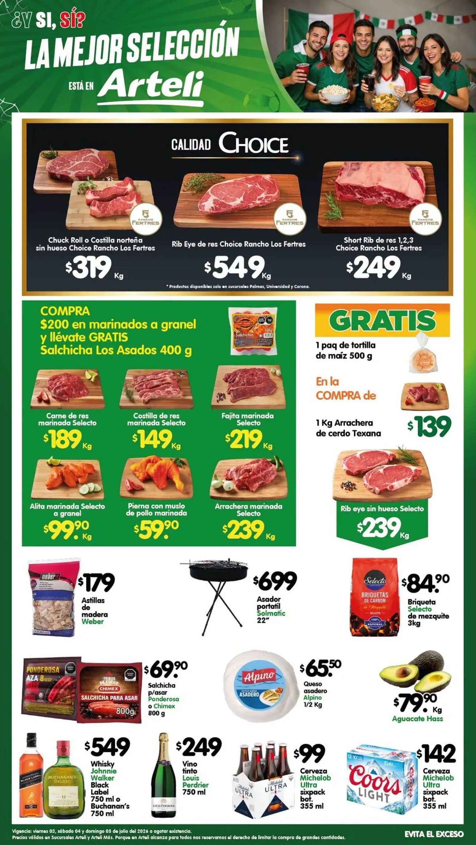Nuevas ofertas de Arteli válidas en toda la República Mexicana desde el 03/07/2026. ¡Encuentra las mejores ofertas en Arteli folleto Carnes & Cortes! | Página: 1 | Productos: Maíz, Salchicha, Aguacate, Short