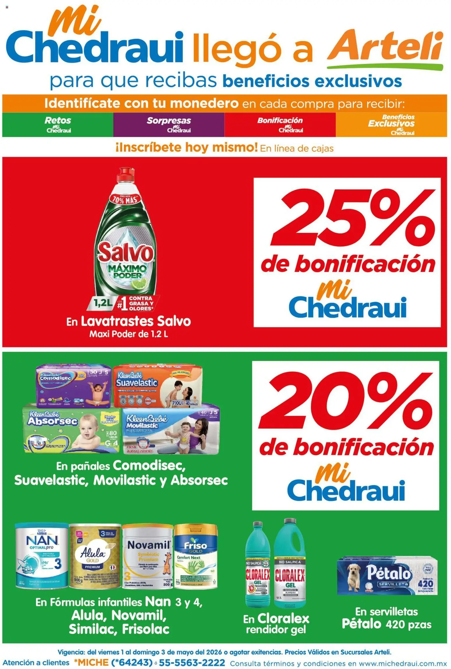 Nuevas ofertas de Arteli válidas en toda la República Mexicana desde el 01.05.2026. ¡Encuentra las mejores ofertas en Arteli folleto MiChedraui! | Página: 1 | Productos: Monedero, Pañales, Servilletas