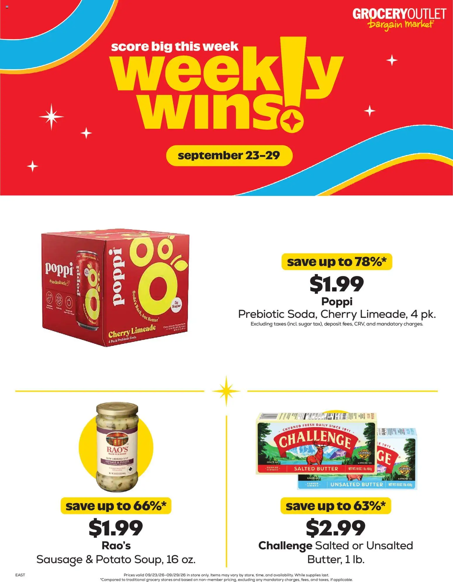 Grocery Outlet Weekly Ad - valid from 09/23/2026 | Page: 1 | Products: Milk, Butter, Sugar, Sausage