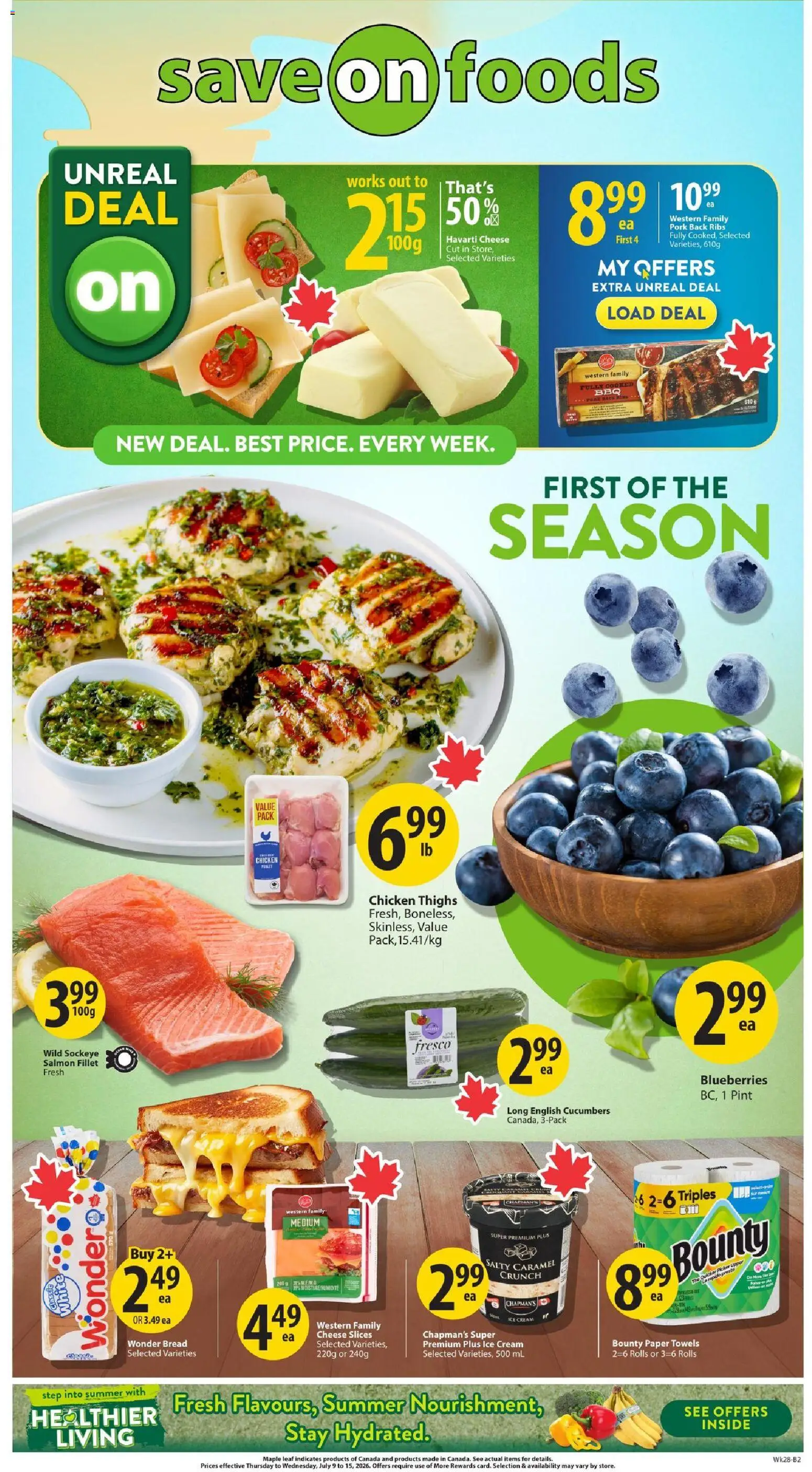 Save on foods flyer valid from Jul 9, 2026 | Page: 1 | Products: Ice cream, Cheese, Chicken, Pork