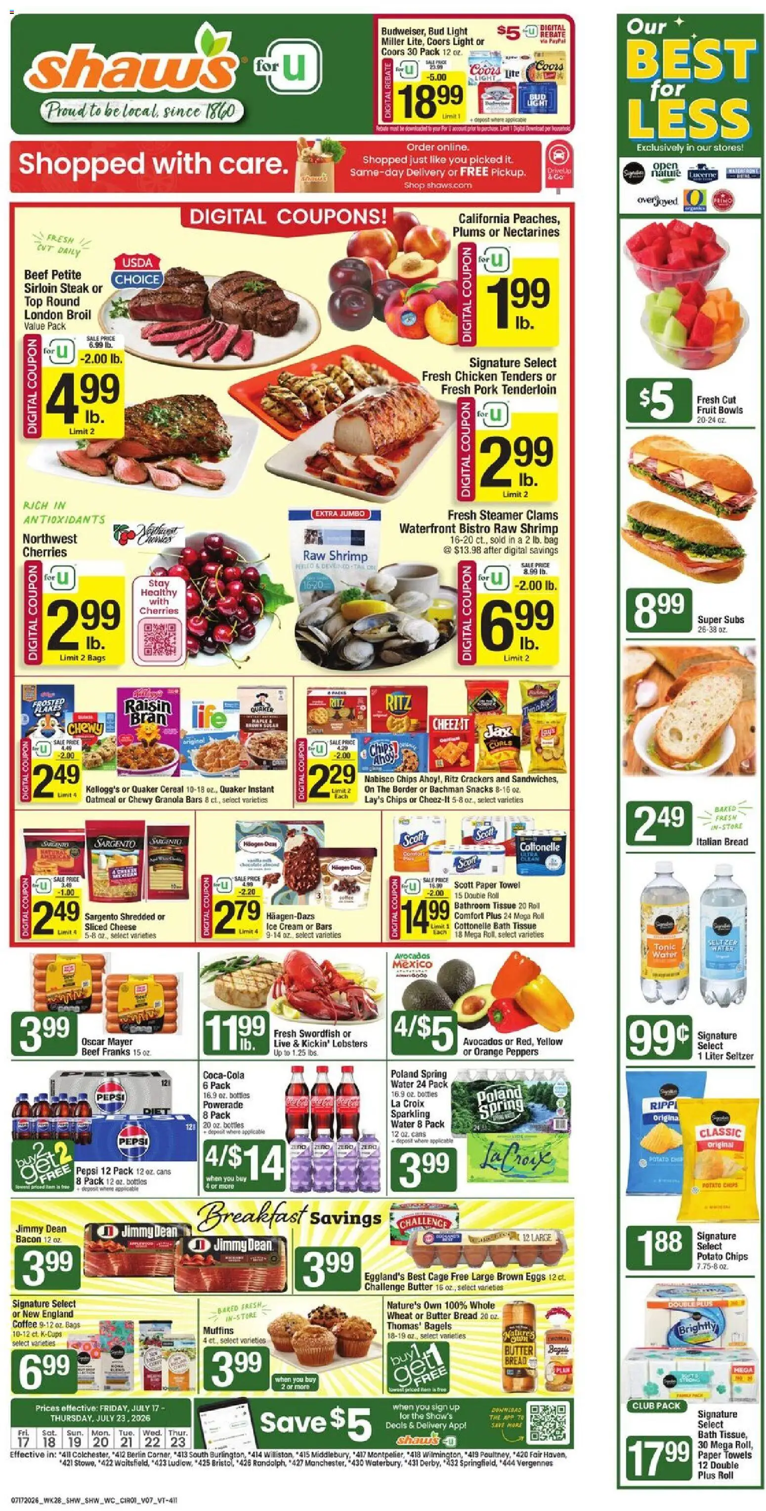 Shaw's Weekly Ad - VT - valid from 07/17/2026 | Page: 1 | Products: Coffee, Chips, Water, Steamer