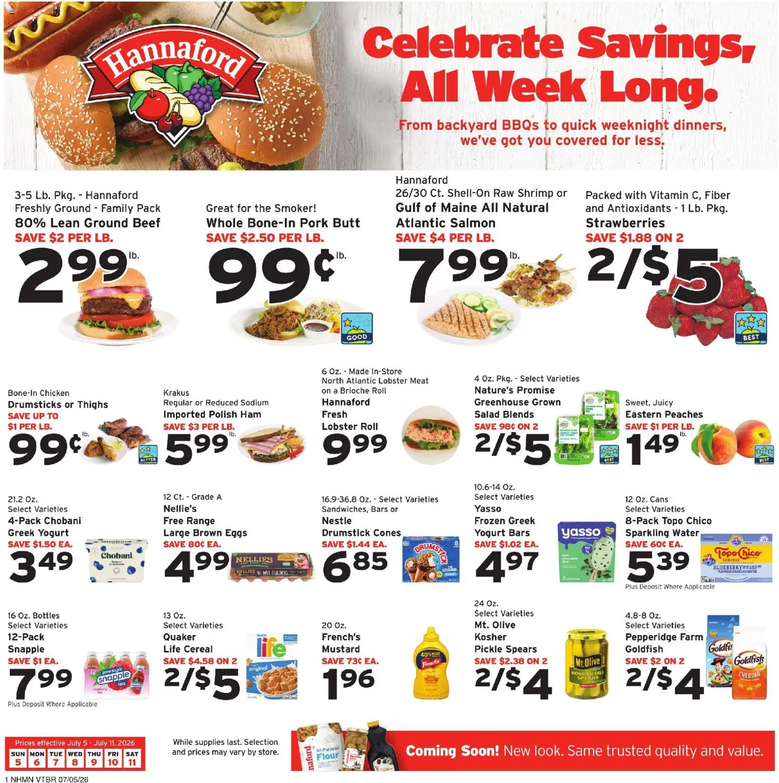 Hannaford Weekly Ad - valid from 07/05/2026 | Page: 1 | Products: Beef, Strawberries, Water, Cap