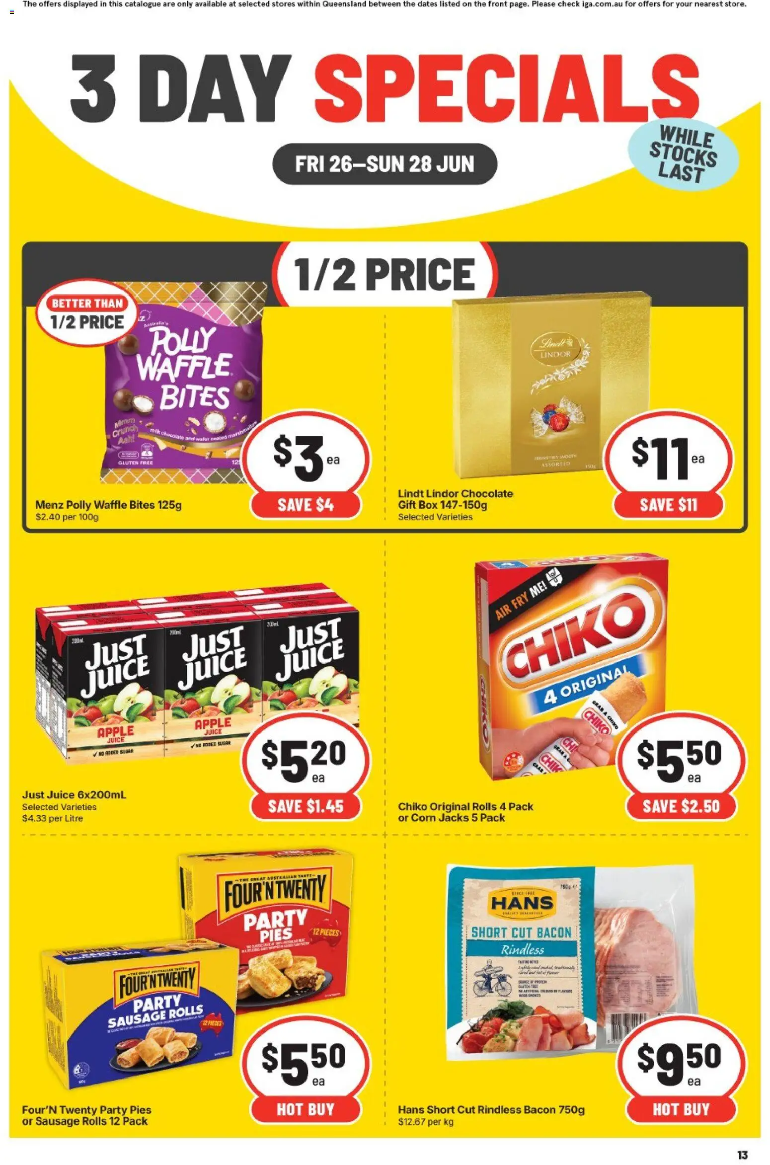 IGA catalogue - valid from 26/06/2026 | Page: 3 | Products: Juice, Water, Sugar, Pies