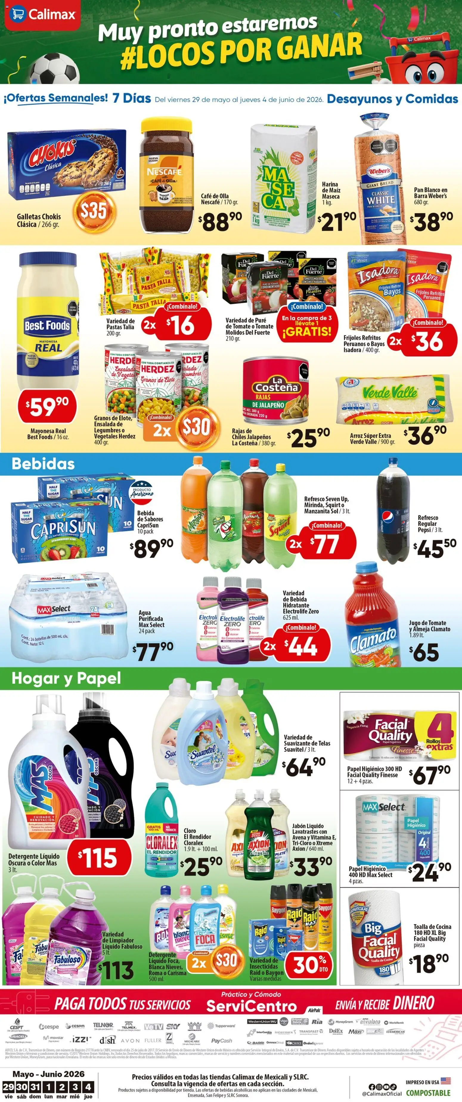 Nuevas ofertas de Calimax válidas en toda la República Mexicana desde el 29.05.2026. ¡Encuentra las mejores ofertas en Calimax folleto Mexicali y SLRC! | Página: 4 | Productos: Avena, Limpiador, Ensalada, Olla