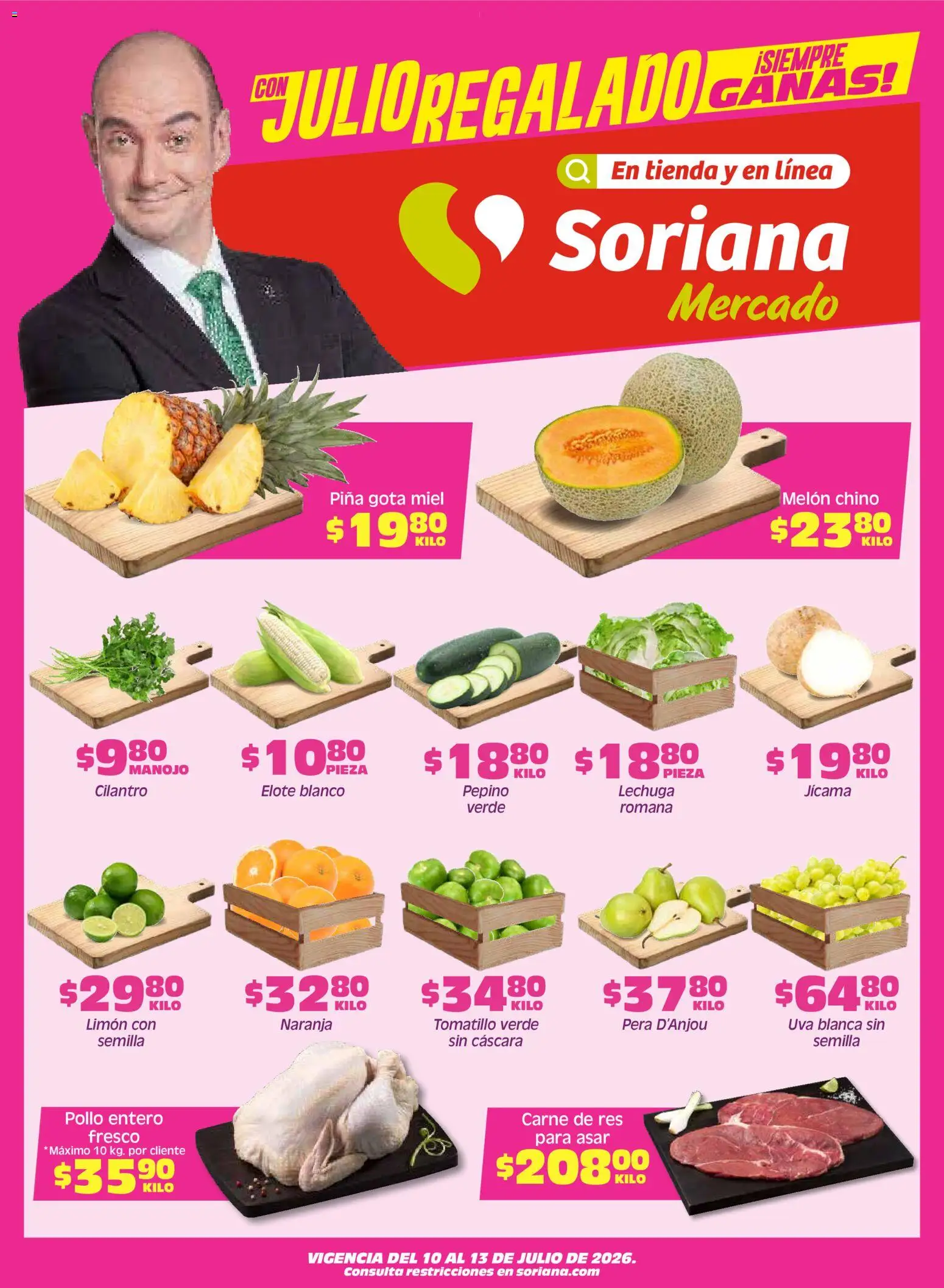 Nuevas ofertas de Soriana válidas en toda la República Mexicana desde el 10/07/2026. ¡Encuentra las mejores ofertas en Soriana Fin de Semana Mercado: Son y Sin! | Página: 1 | Productos: Pera, Melón, Lechuga, Piña