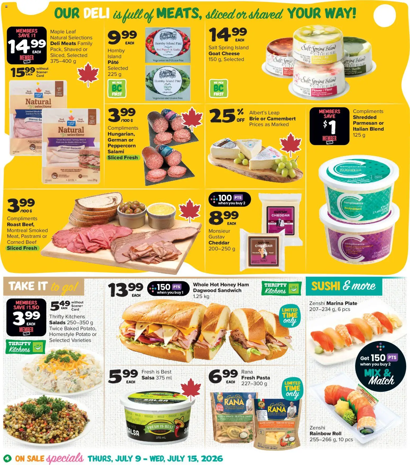 Thrifty Foods flyer valid from Jul 9, 2026 | Page: 5 | Products: Beef, Pasta, Turkey, Salami