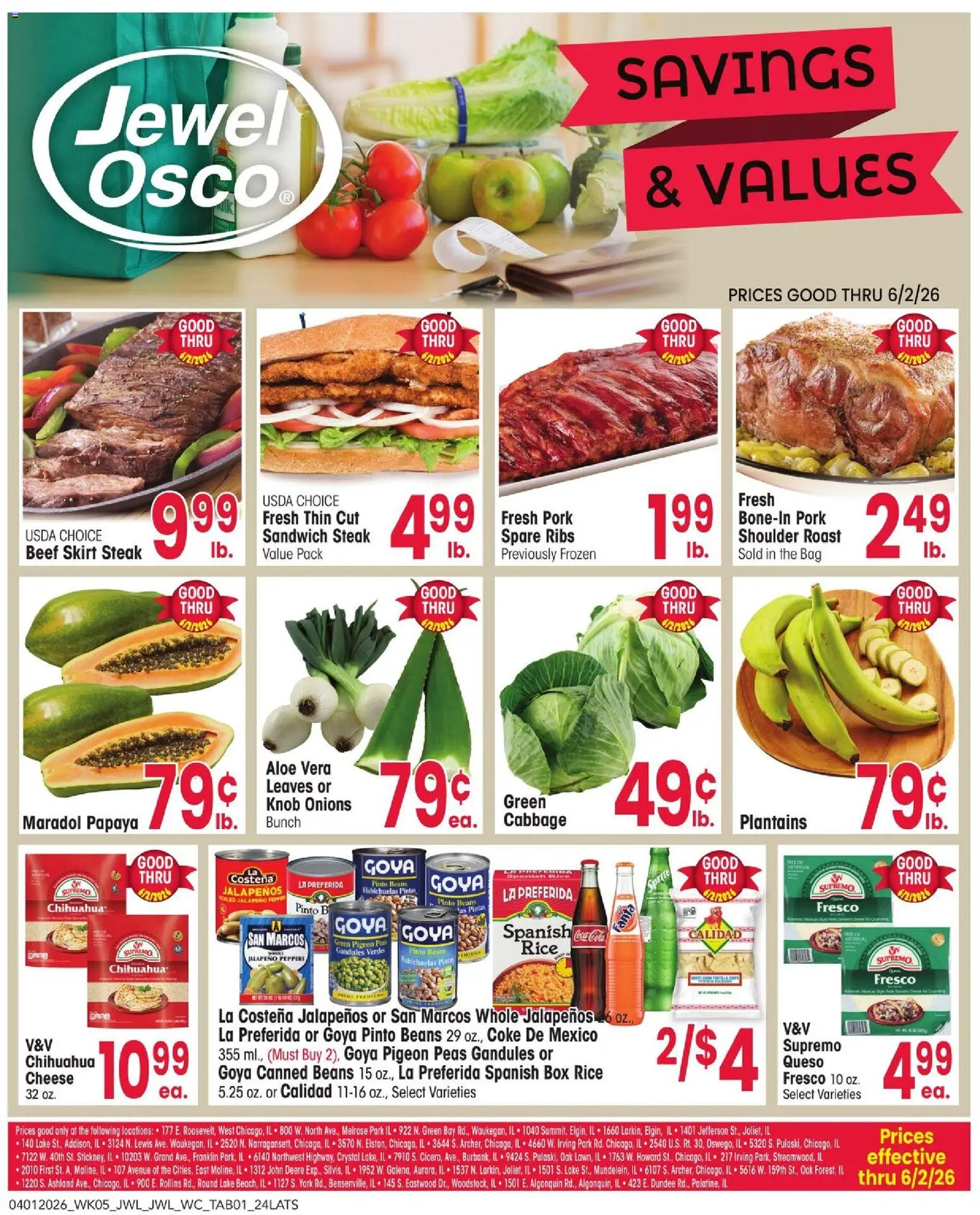 Jewel Osco Savings & Values - valid from 01.04.2026 | Page: 1 | Products: Box, Pork, Pepper, Cabbage
