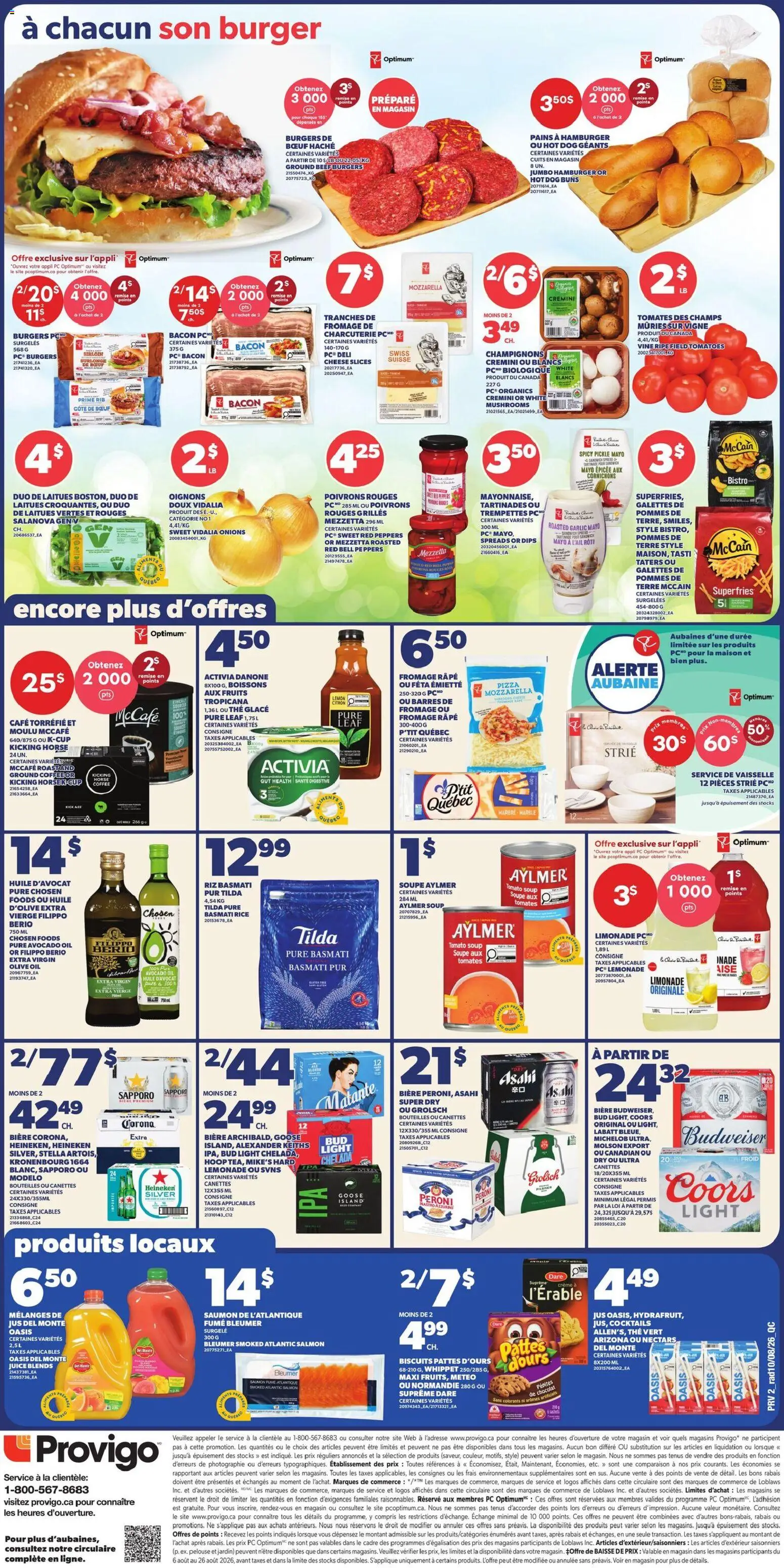 Provigo flyer valid from Aug 13, 2026 | Page: 3 | Products: Cocktails, Roast, Extra virgin olive oil, Ground coffee