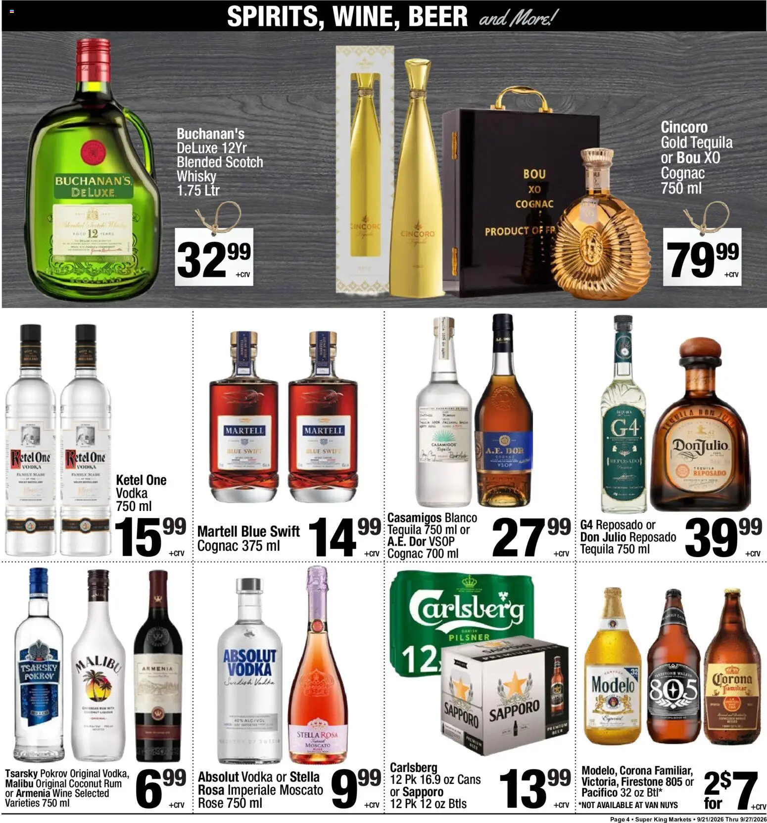 Super King Weekly Ad - valid from 09/21/2026 | Page: 4 | Products: Tequila, Absolut vodka, Vodka, Cognac