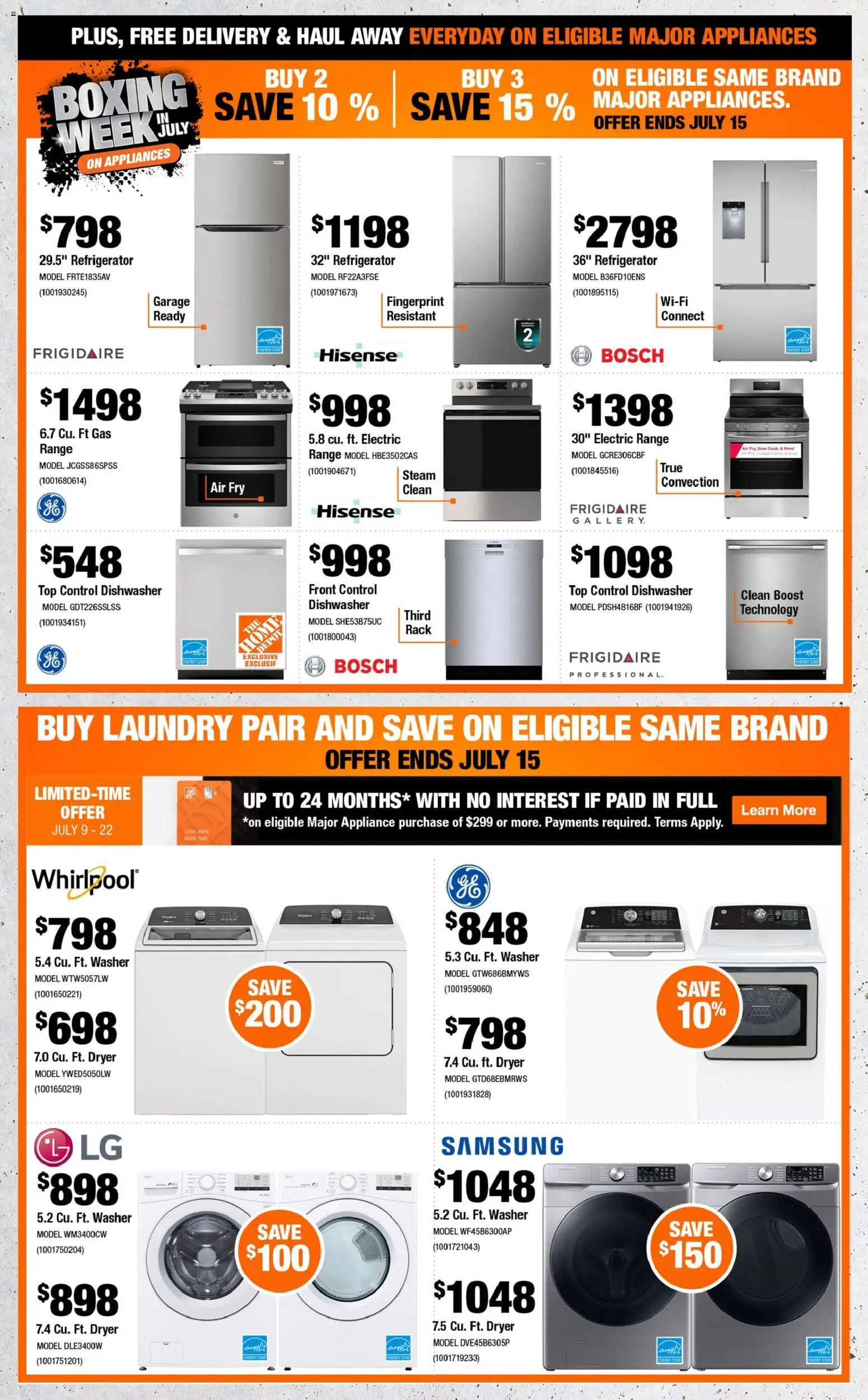 Home Depot flyer valid from Jul 9, 2026 | Page: 6 | Products: Refrigerator, Dryer, Dishwasher