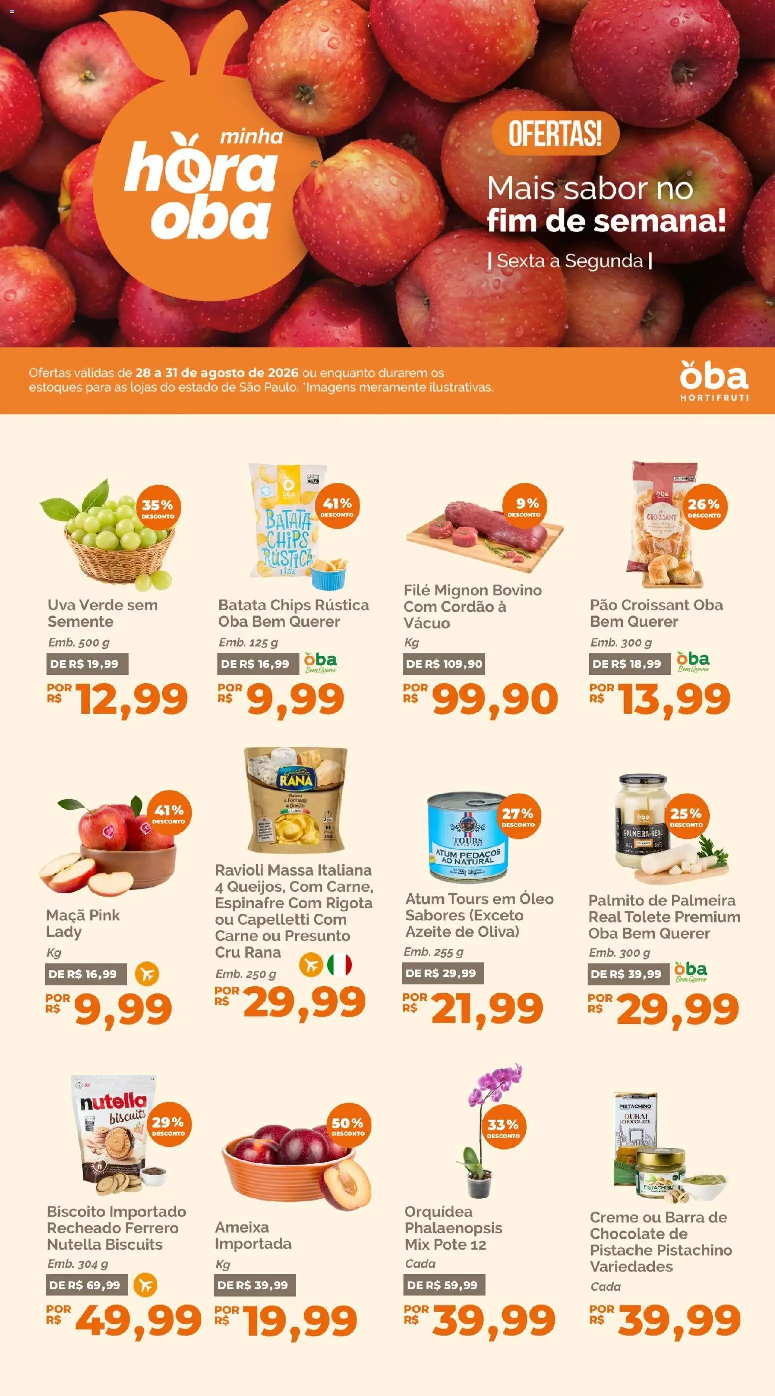 Oba Hortifruti Folheto - válido de 28/08/2026 | Página: 1 | Produtos: Pistache, Filé mignon, Creme, Batata
