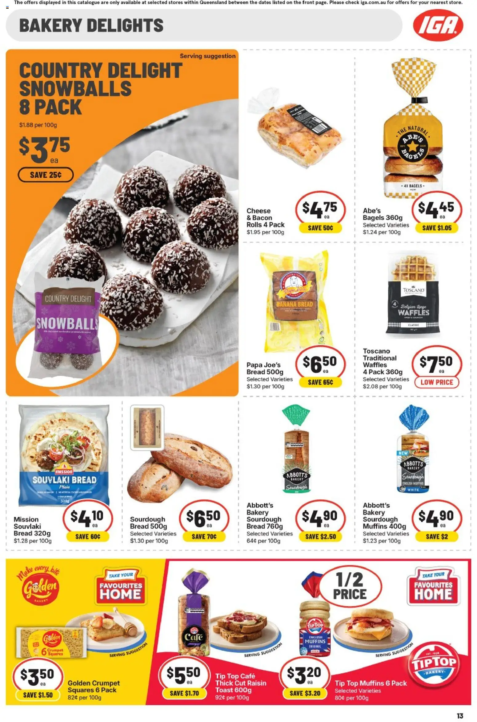 IGA catalogue - valid from 22/07/2026 | Page: 13 | Products: Bagels, Cheese, Bread, Waffles