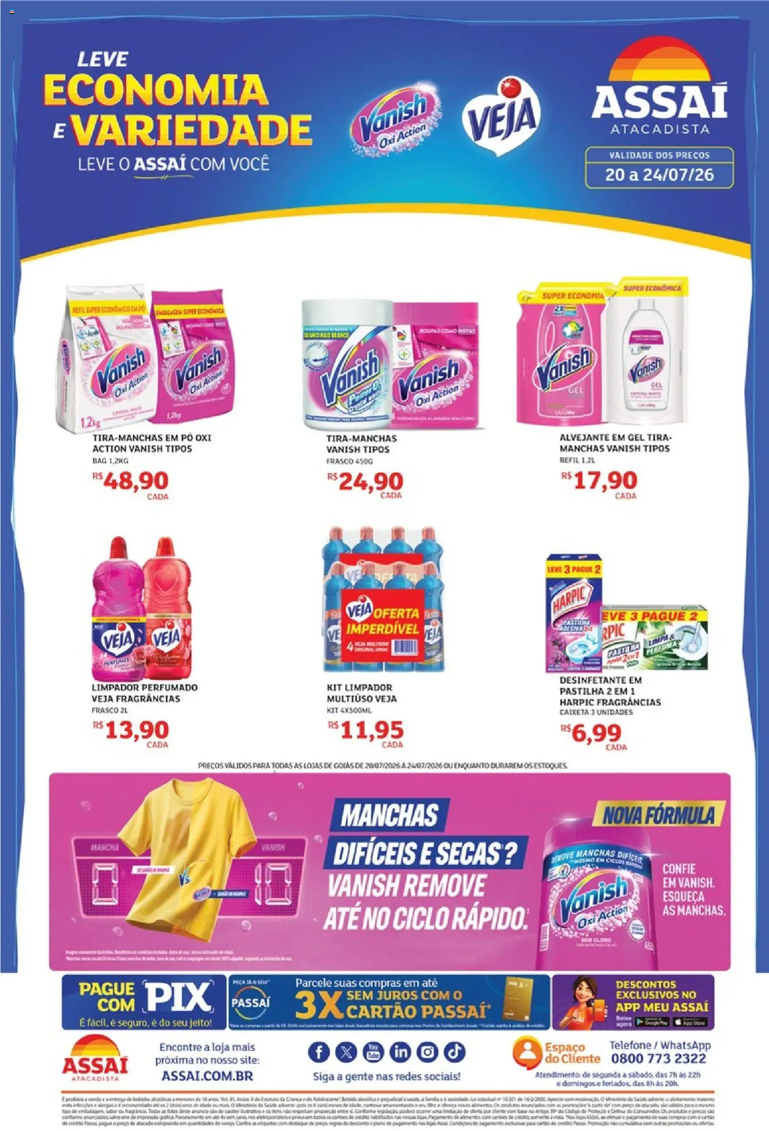Assaí Atacadista Folheto - válido de 20/07/2026 | Página: 1 | Produtos: Roupas, Telefone, Vanish, Desinfetante
