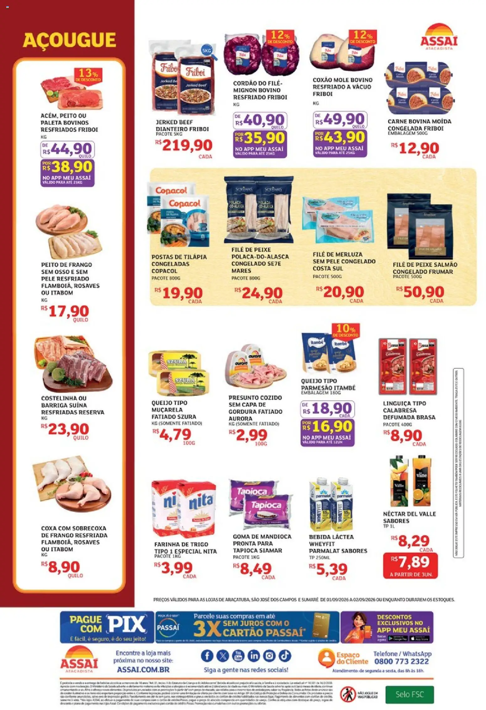 Assaí Atacadista Folheto - válido de 01/09/2026 | Página: 2 | Produtos: Farinha de trigo, Presunto, Peixe, Carne