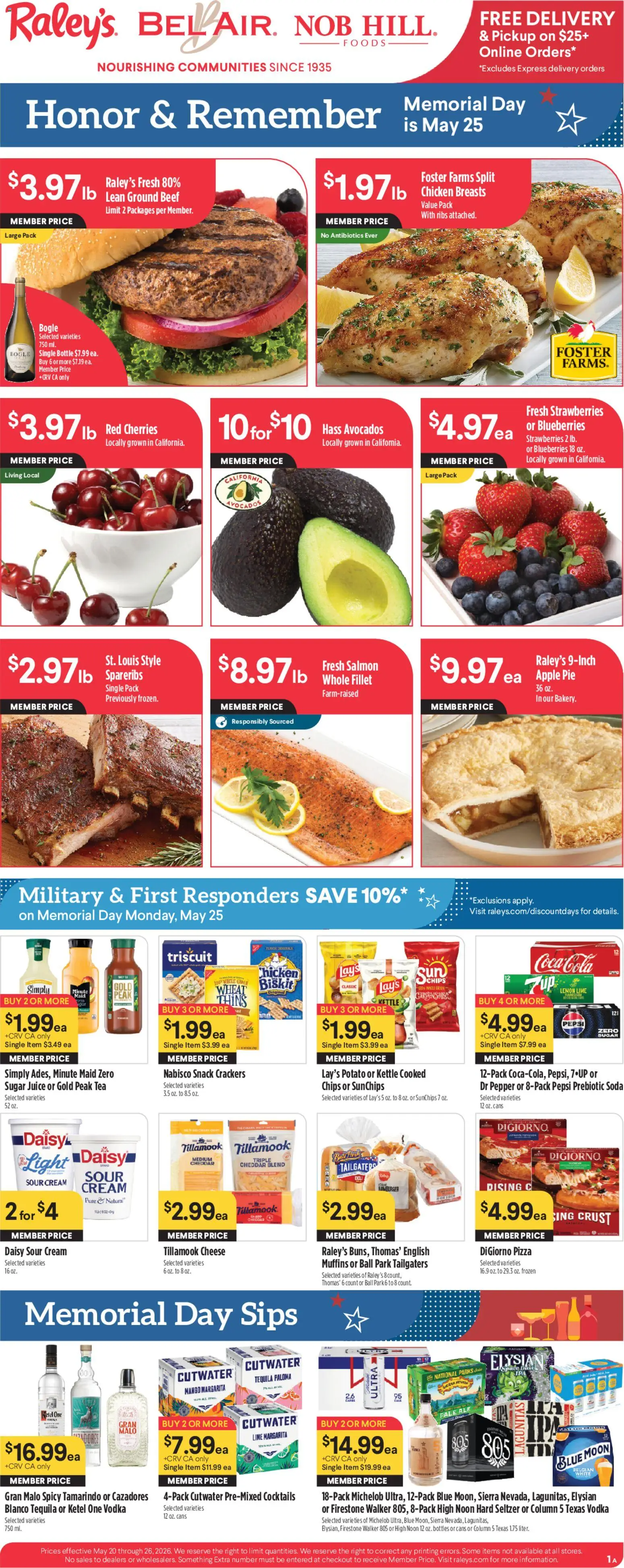 Raley's Weekly Ad - valid from 20.05.2026 | Page: 1 | Products: Beef, Chips, Sugar, Blueberries