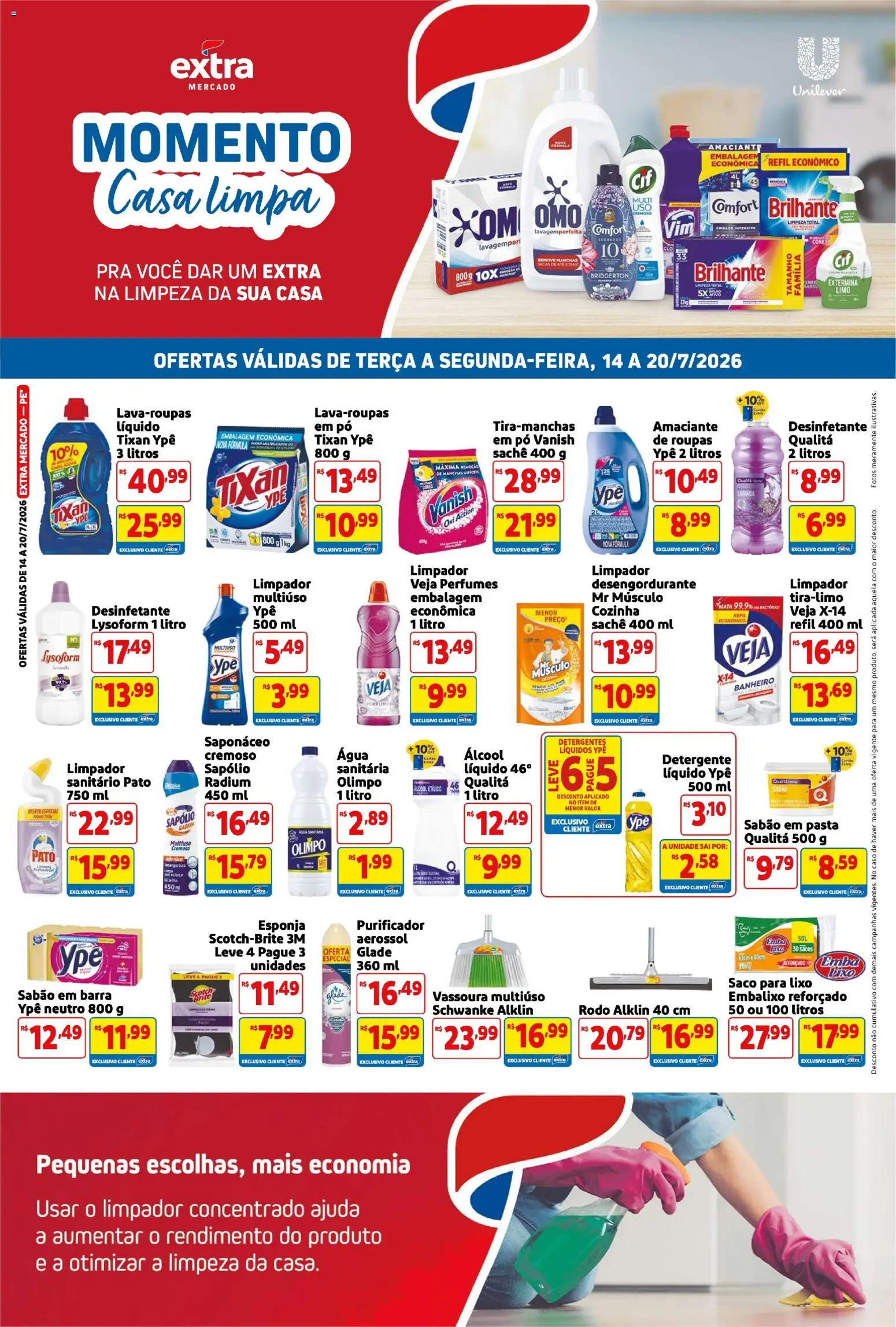 Extra Folheto - válido de 14/07/2026 | Página: 3 | Produtos: Esponja, Desengordurante, Sabão, Amaciante