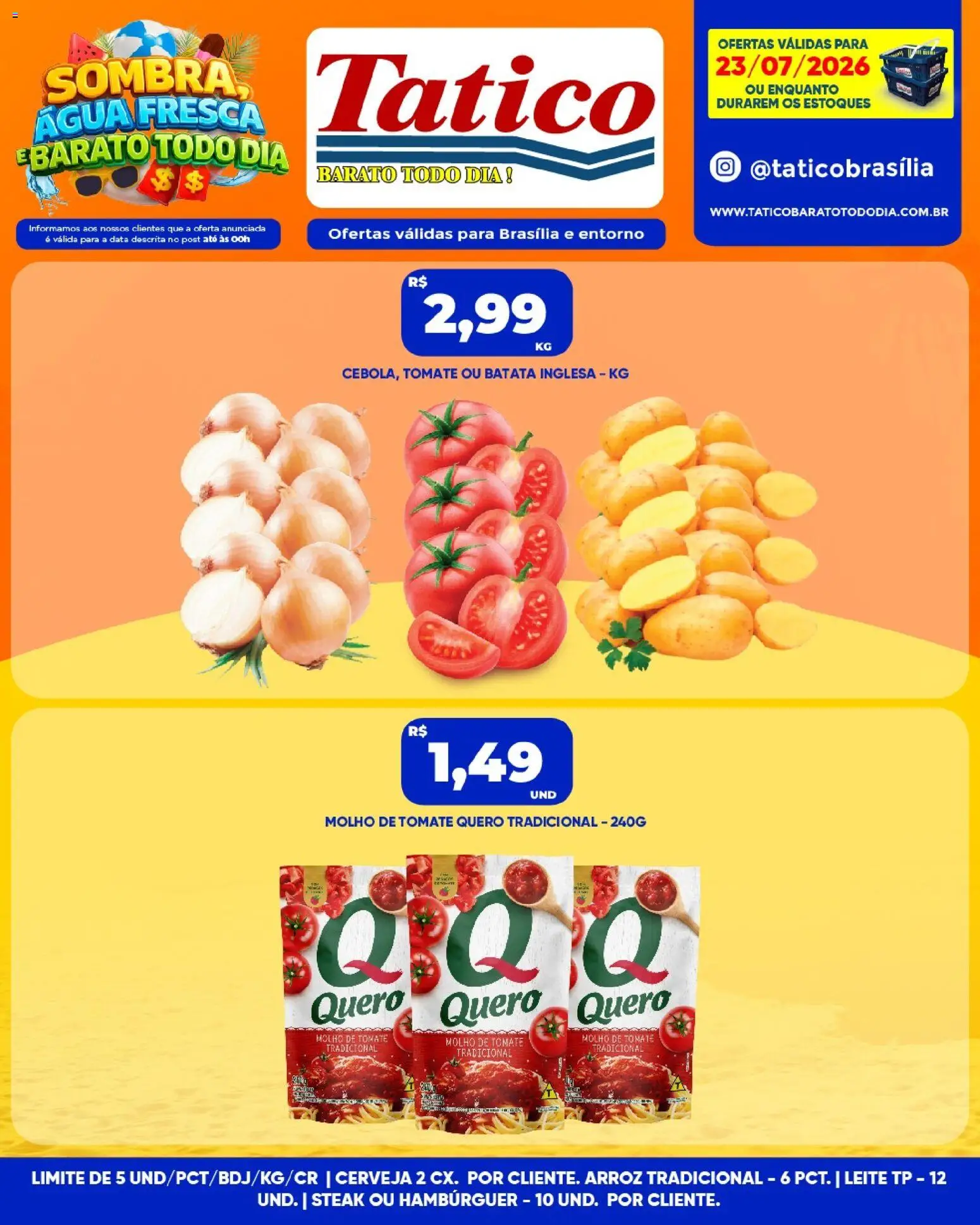 Tatico Folheto - válido de 23/07/2026 | Página: 1 | Produtos: Molho de tomate, Leite, Cerveja, Hambúrguer