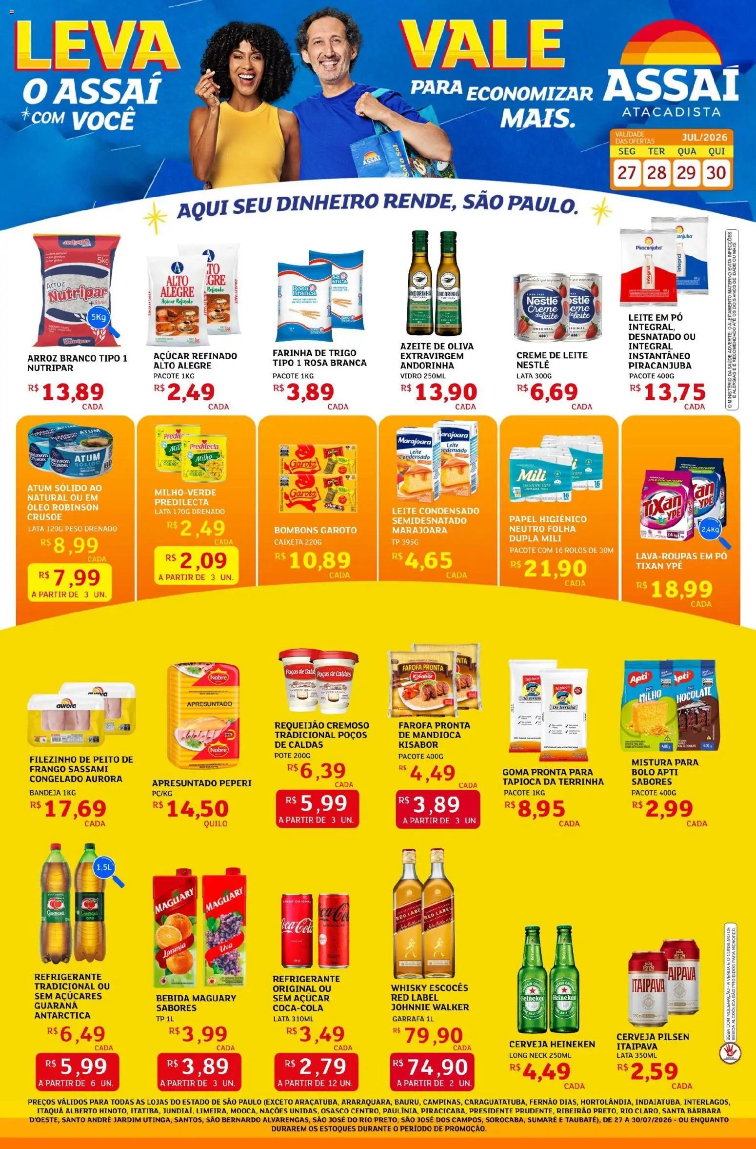 Assaí Atacadista Folheto - válido de 27/07/2026 | Página: 1 | Produtos: Whisky, Farinha de trigo, Leite, Creme de leite